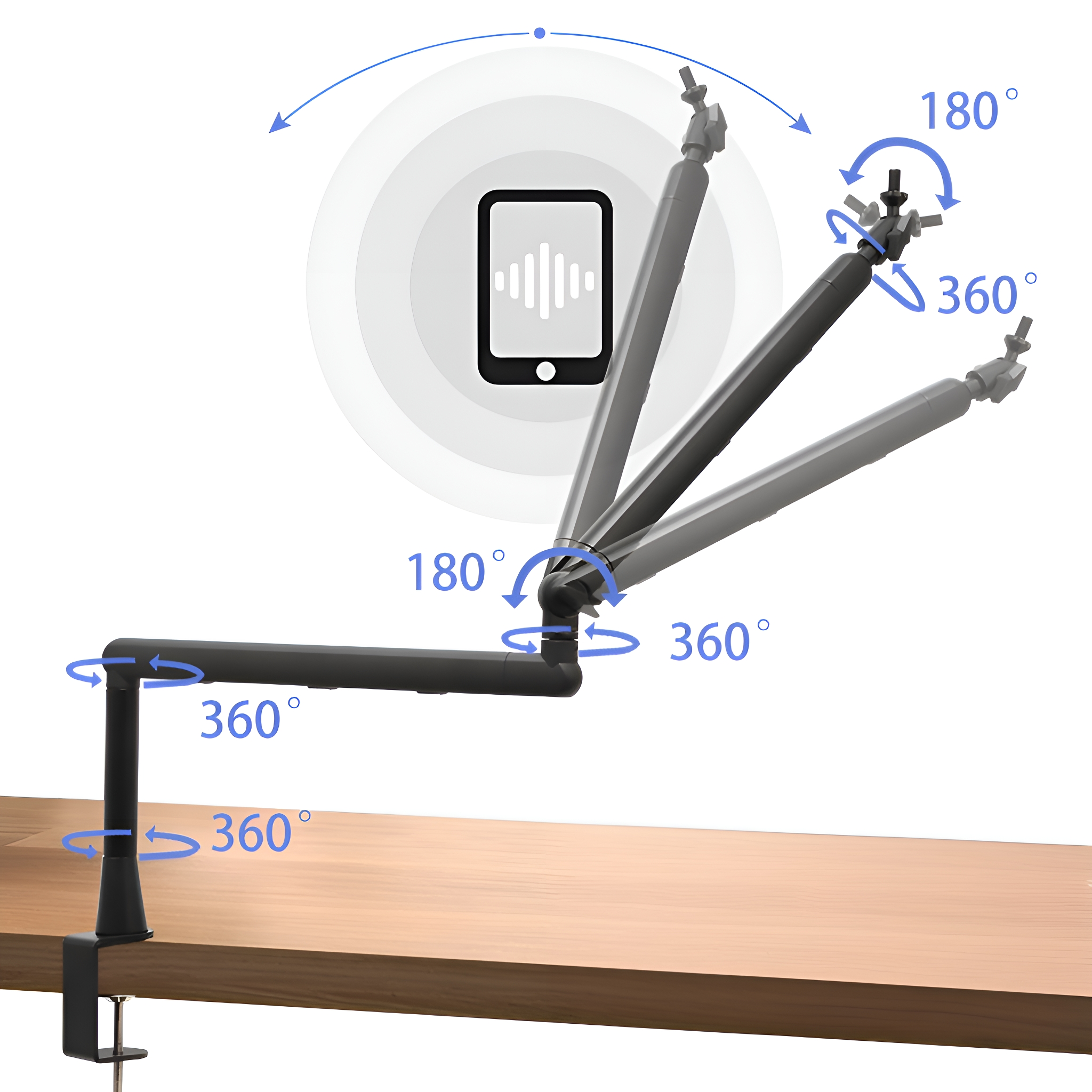 Schwarzer Tablethalter auf einem Holztisch, mit mehreren Drehpunkten und einem Telefonsymbol.