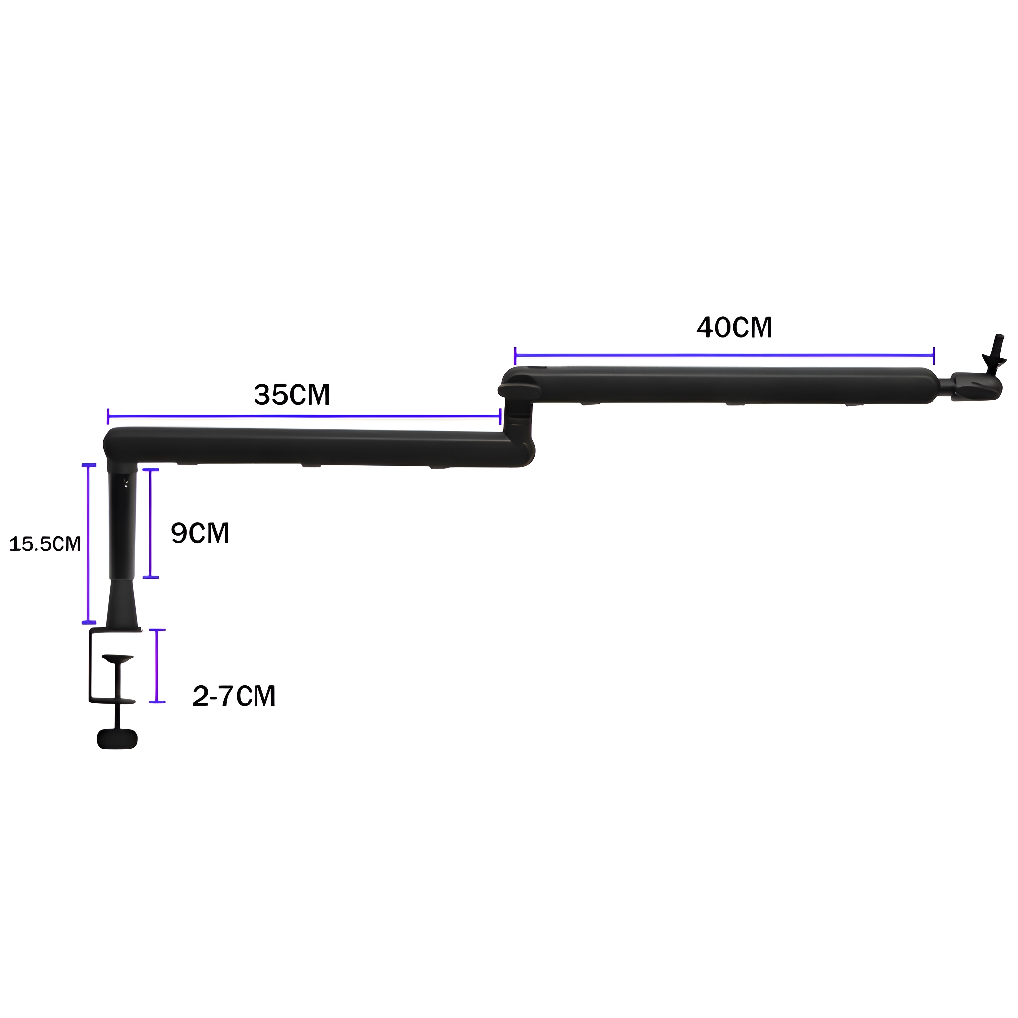 Schwarzer, verstellbarer Arm mit Maßen in Zentimetern: 15,5 cm, 9 cm, 35 cm und 40 cm. Eine Klemme ist sichtbar.