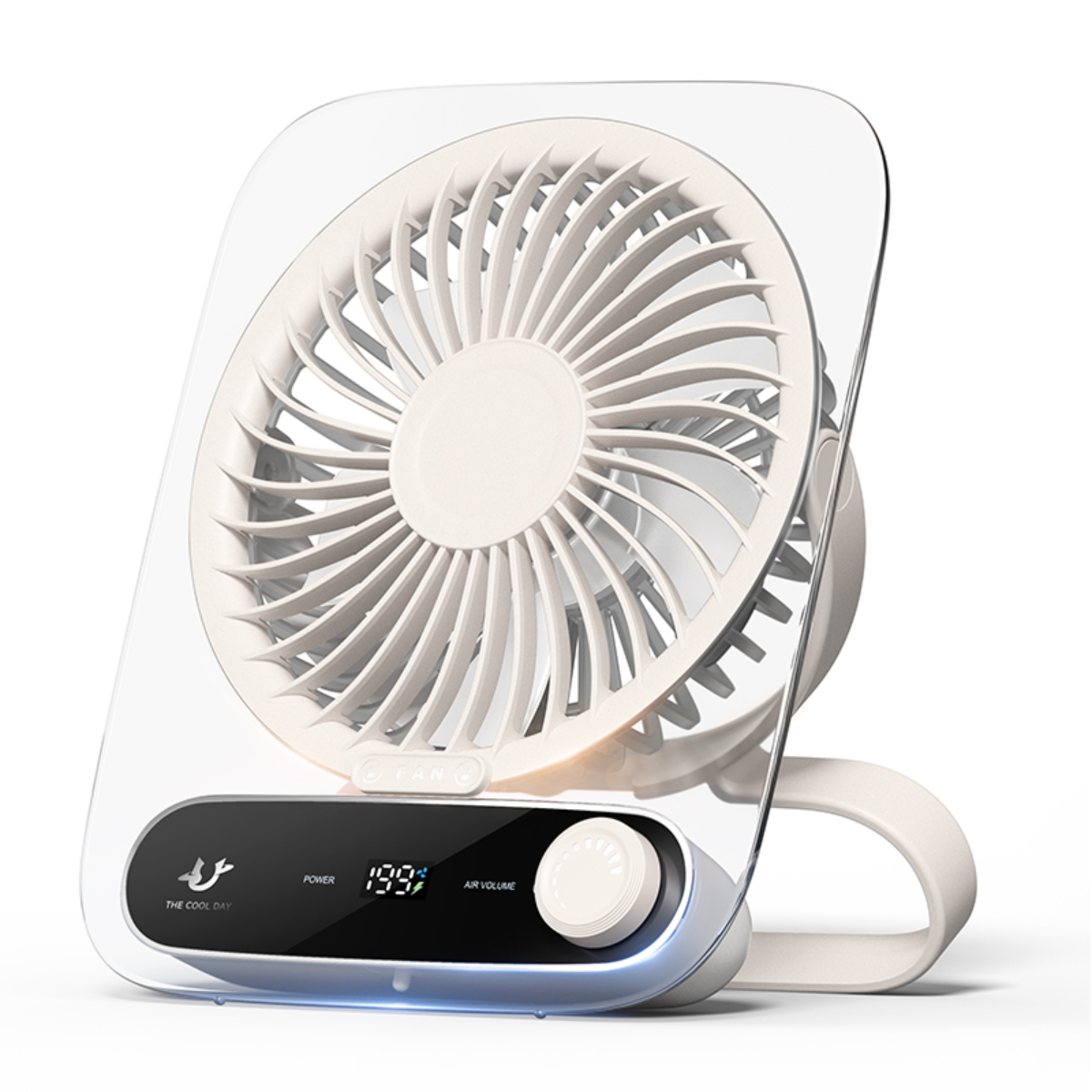 Ein weißer und transparenter Ventilator mit digitaler Anzeige für Luftvolumen und Leistung.