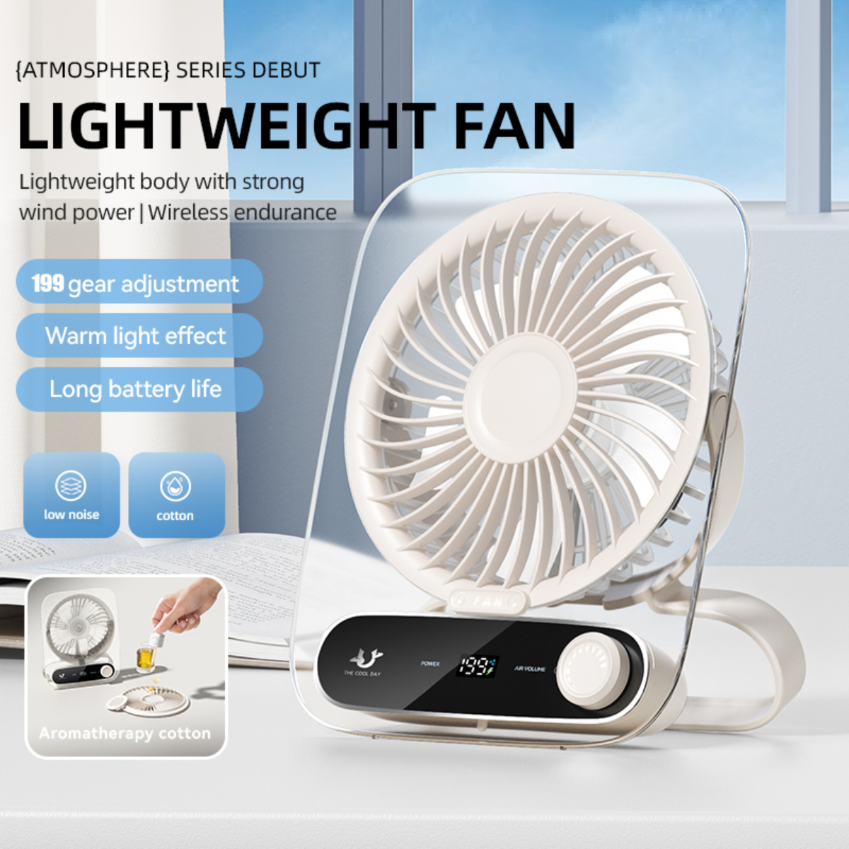 Weißer, leichter Ventilator mit einem transparenten Kunststoffständer und Bedienfeld.