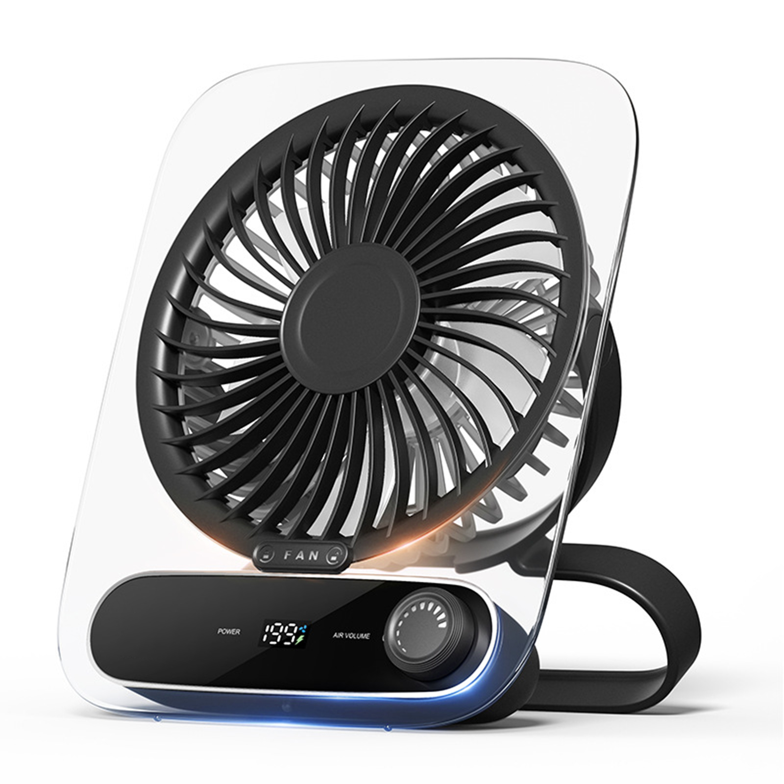 Ein schwarzer und transparenter Ventilator mit digitaler Anzeige, weißer Hintergrund.