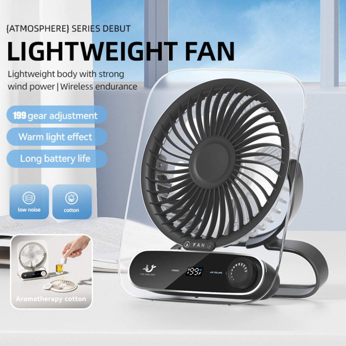 Leichter Ventilator mit klarem Rahmen. Weiße Basis, schwarze Flügel. Text an der Seite, blauer Himmel im Hintergrund.