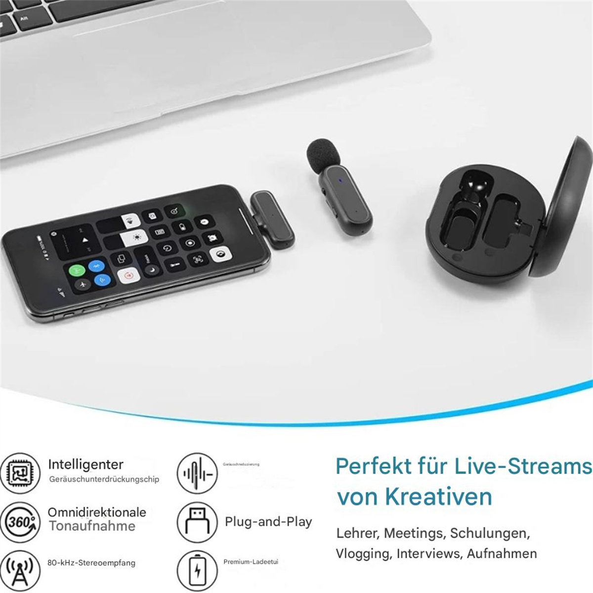 Ein schwarzes Smartphone mit Zubehör. Dazu gehören ein Mikrofon, ein Ladekoffer und andere Komponenten.