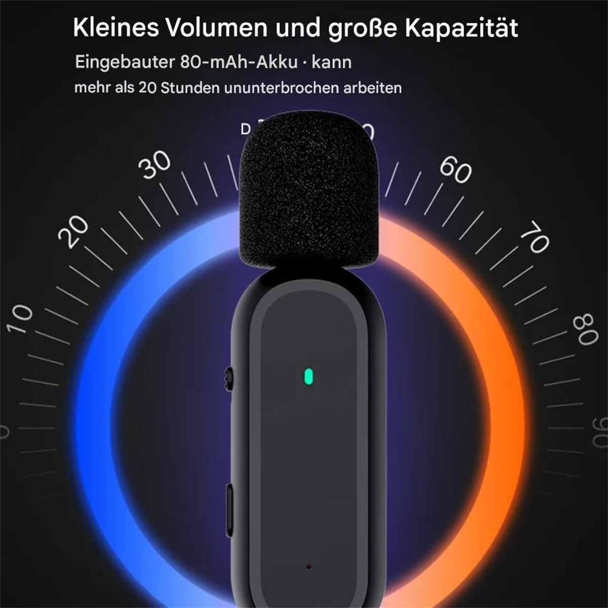 Ein schwarzes drahtloses Mikrofon mit kleiner Mikrofonabdeckung. Ein blau-orangener Farbverlauf im Hintergrund.