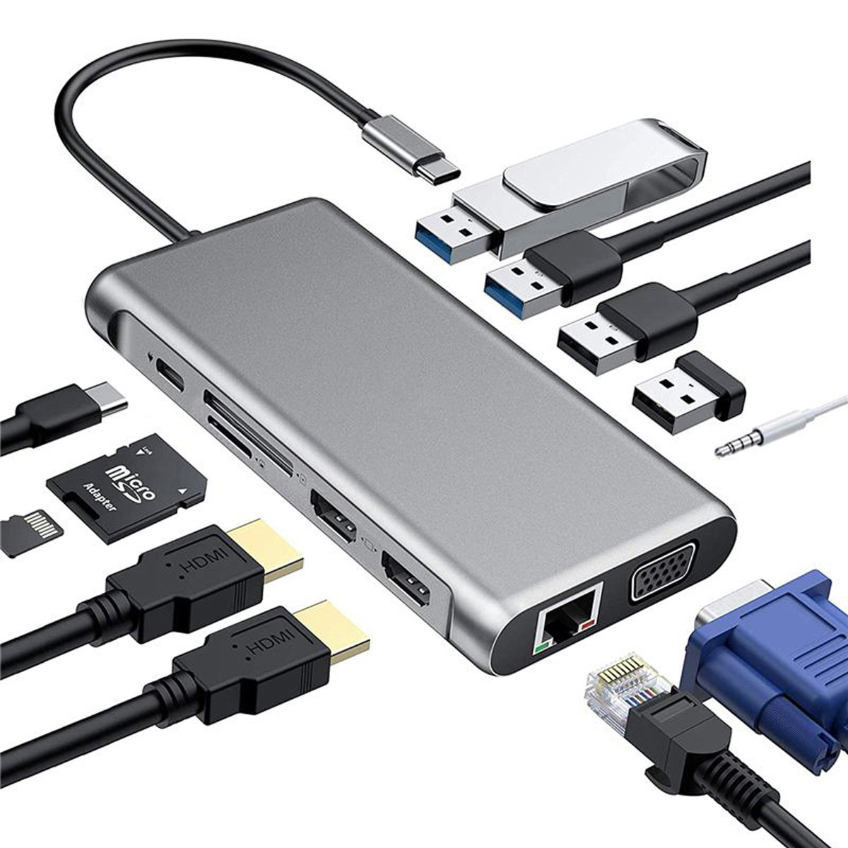 Grauer USB-Hub mit HDMI-, USB- und Netzwerkanschlüssen sowie verschiedenen Adaptern und Kabeln.