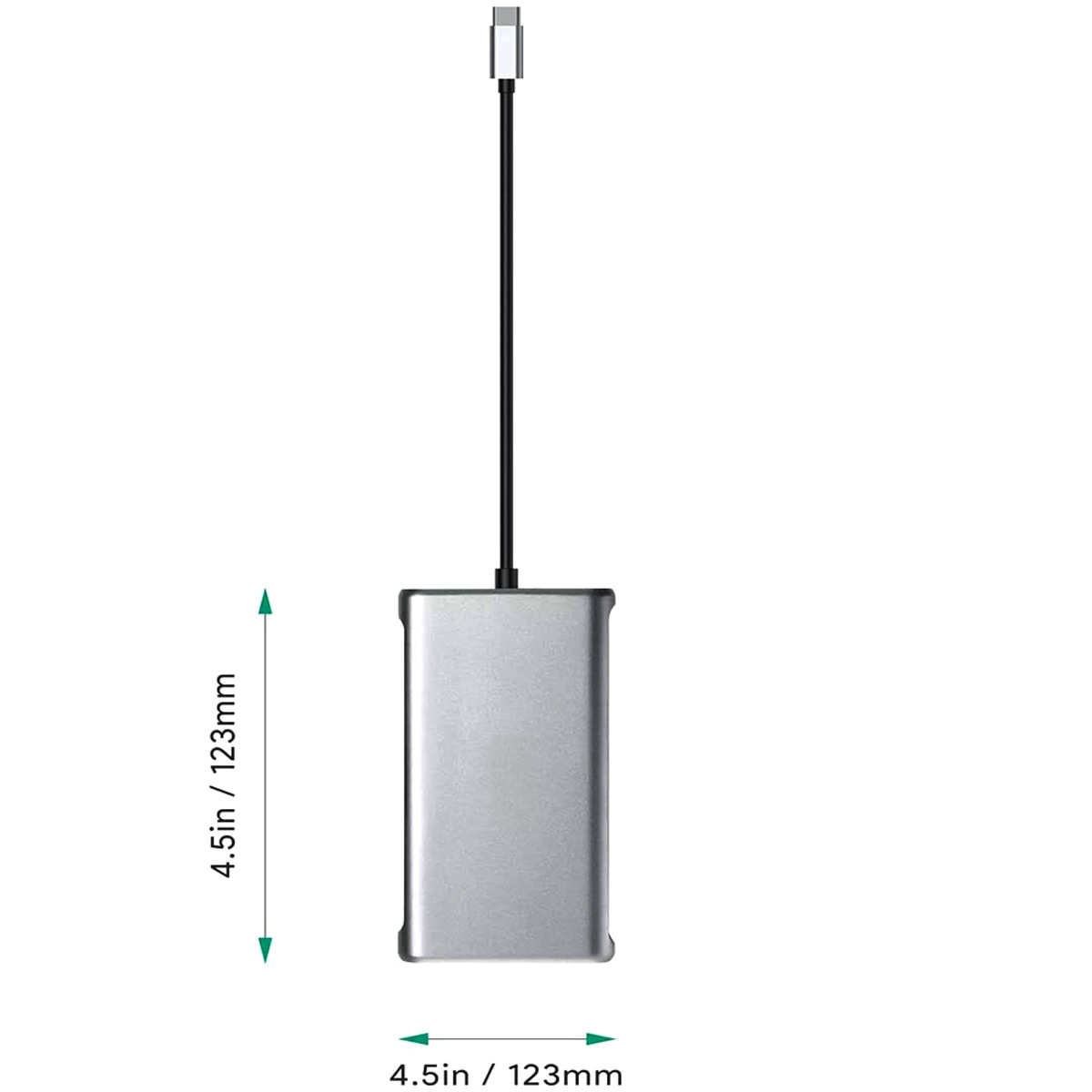 Ein silberner USB-C-Adapter mit schwarzem Kabel und weißem Hintergrund, mit Größenangaben.