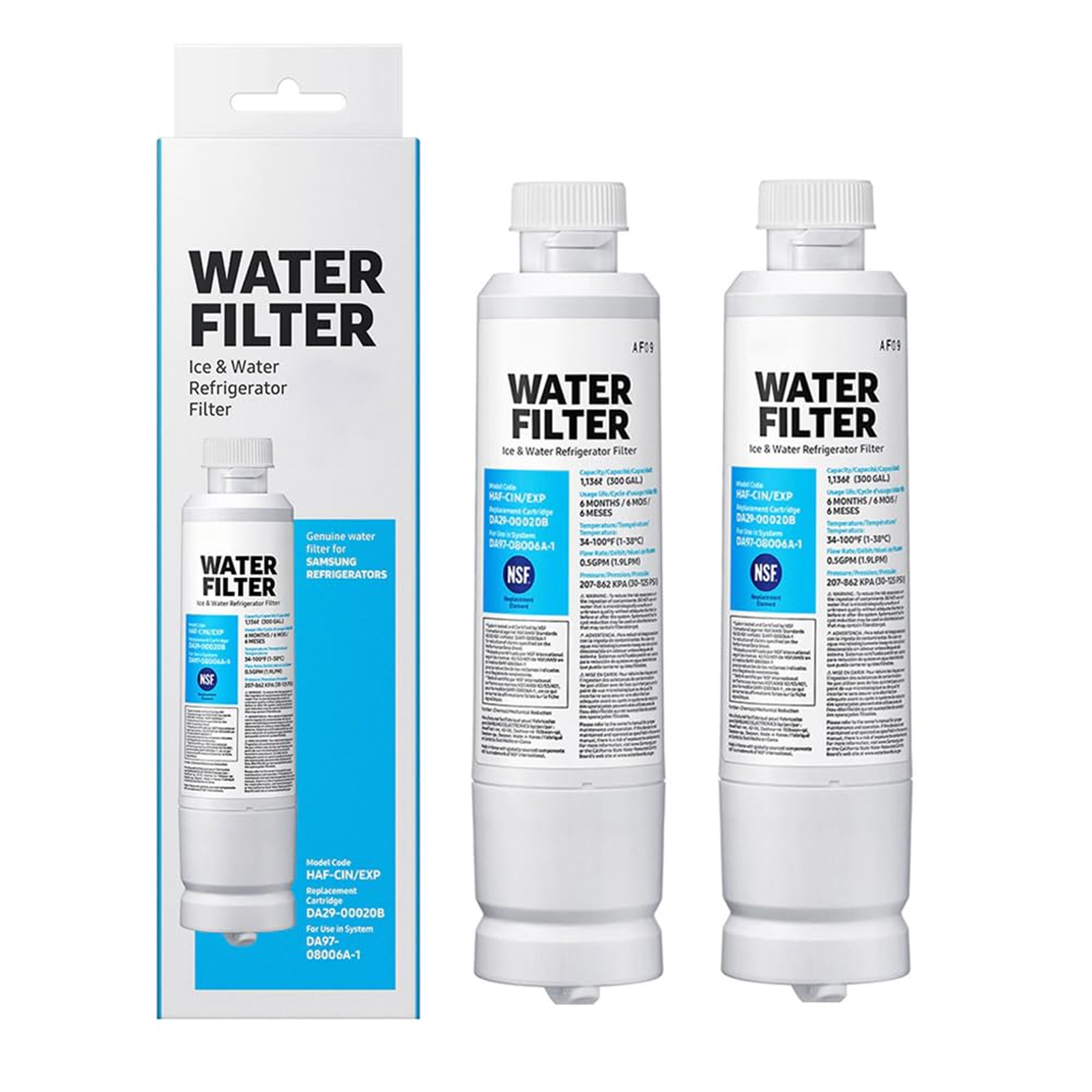 Wasserfilter-Box und zwei Wasserfilter. Die Box ist weiß und blau.