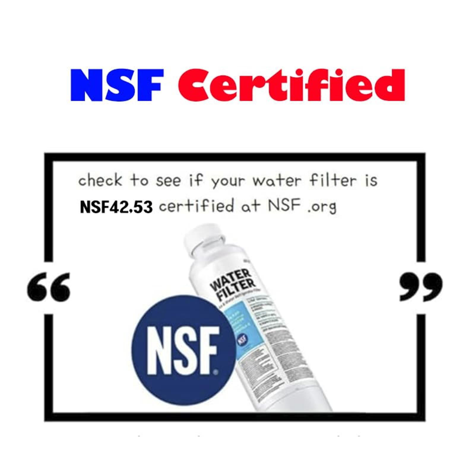 Weiße Flasche mit Wasserfilter-Etikett. NSF Certified-Text darüber. Schwarzer Rahmen. Weißer Hintergrund.