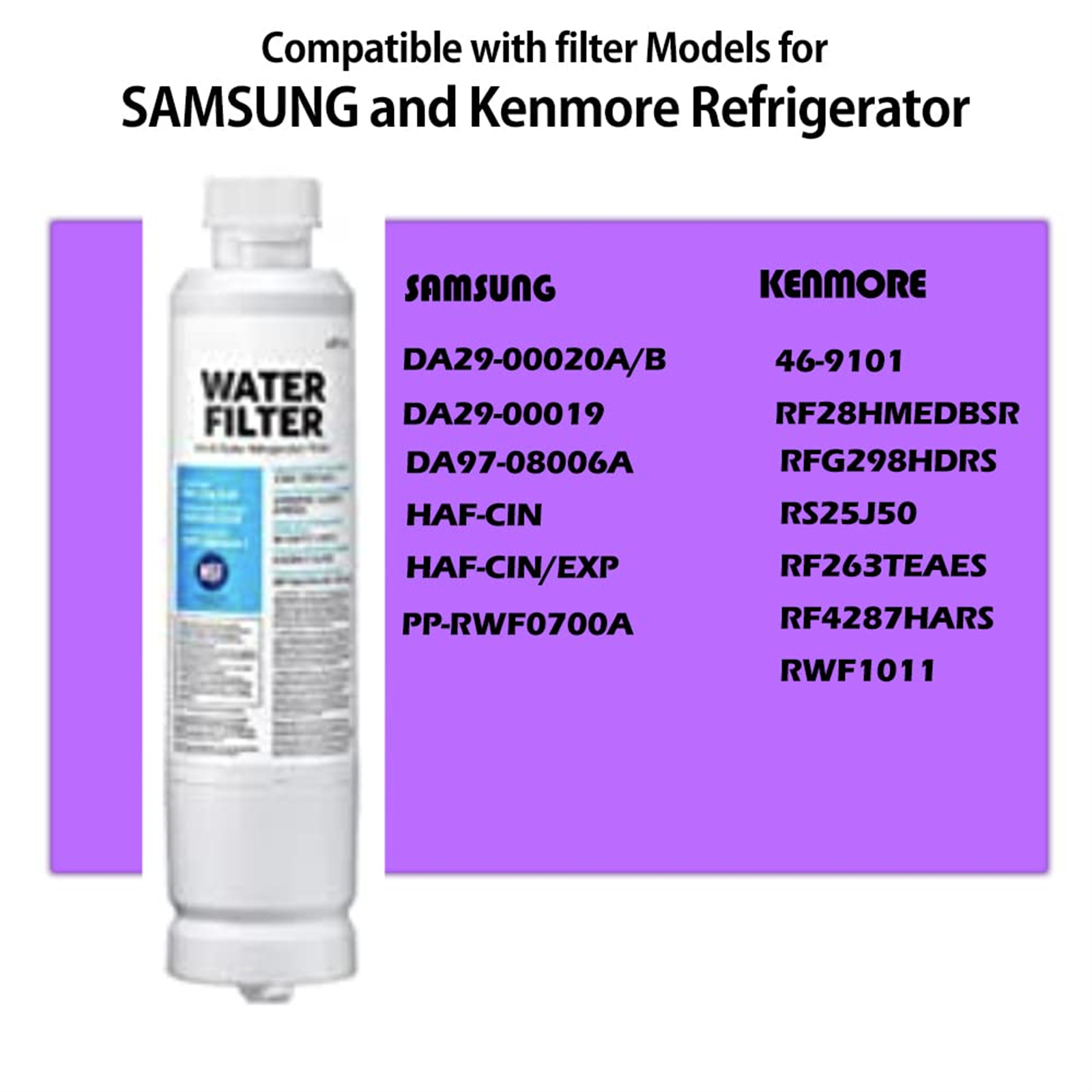 Ein Wasserfilter mit Text, der ihn als Wasserfilter kennzeichnet, mit einer Liste kompatibler Modelle.