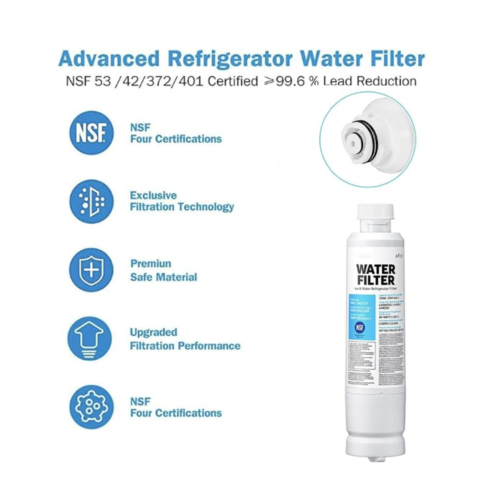 Kühlschrank-Wasserfilter mit Zertifizierungen. Enthält Wasserfilter und Diagramm.