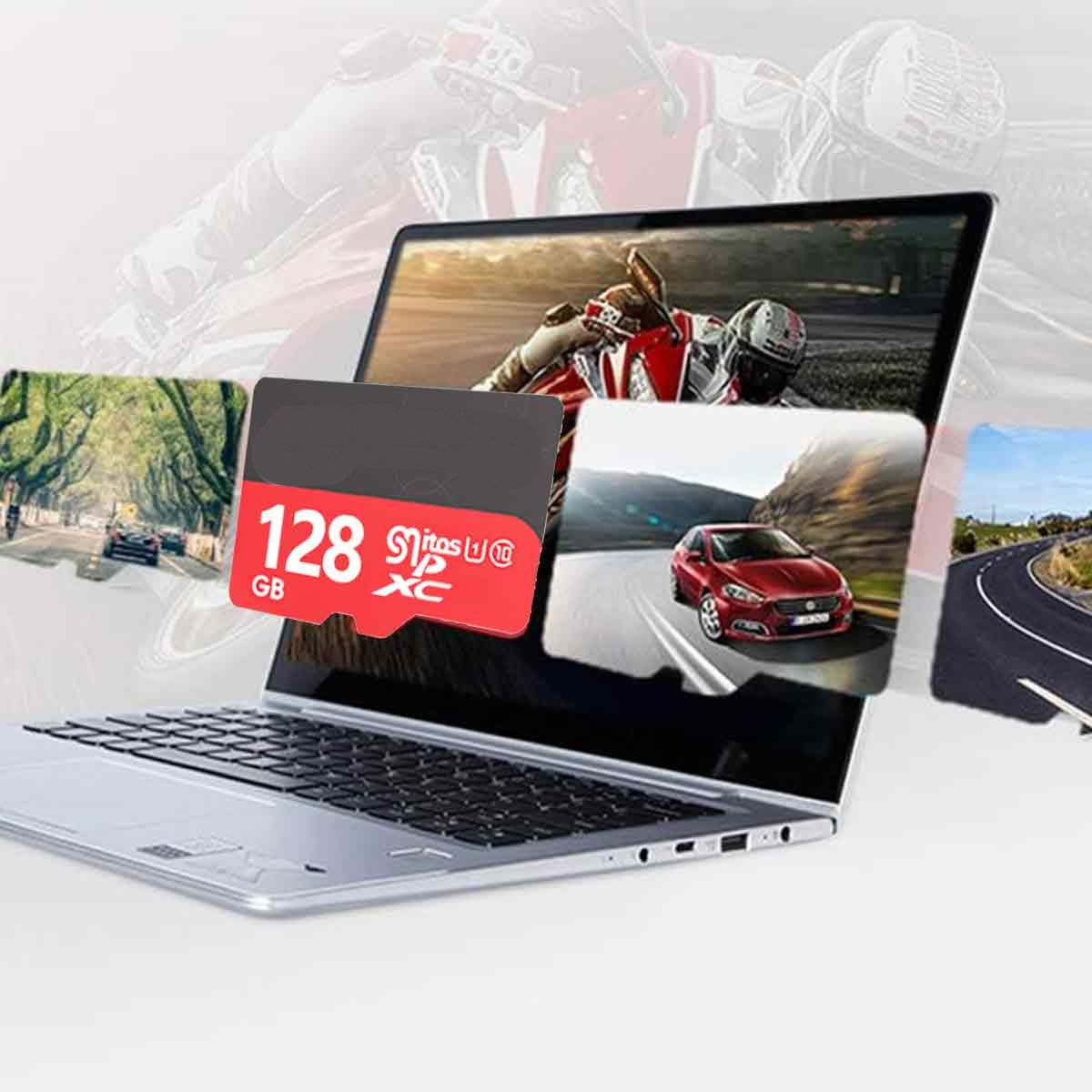 SD-Karte mit Laptop und Autobildern auf dem Bildschirm. 128GB-Etikett. Weißer Hintergrund. Fokus auf Karte.
