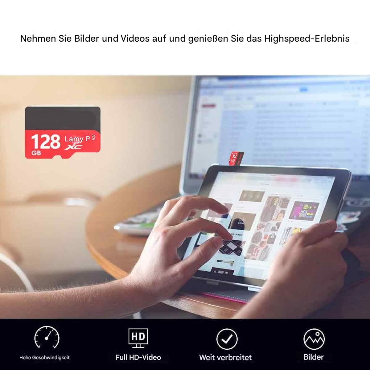 Eine Person benutzt ein Tablet. Eine rote SD-Karte oben. Ein Laptop im Hintergrund.