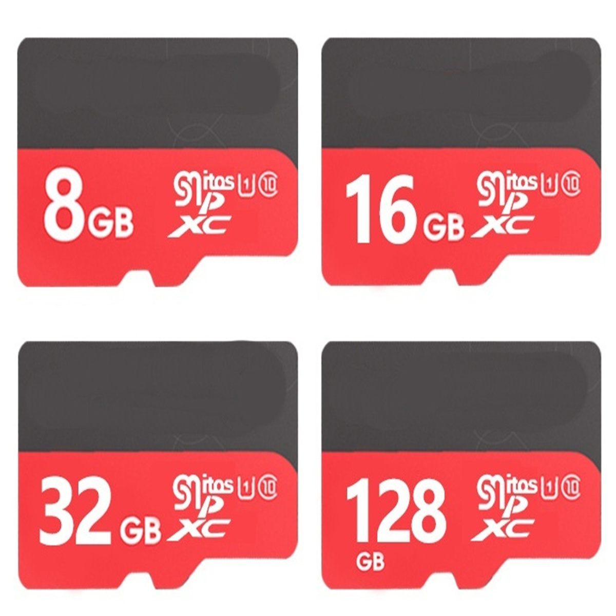 Vier SD-Karten mit unterschiedlichen Speicherkapazitäten: 8GB, 16GB, 32GB und 128GB, angeordnet auf weißem Hintergrund.