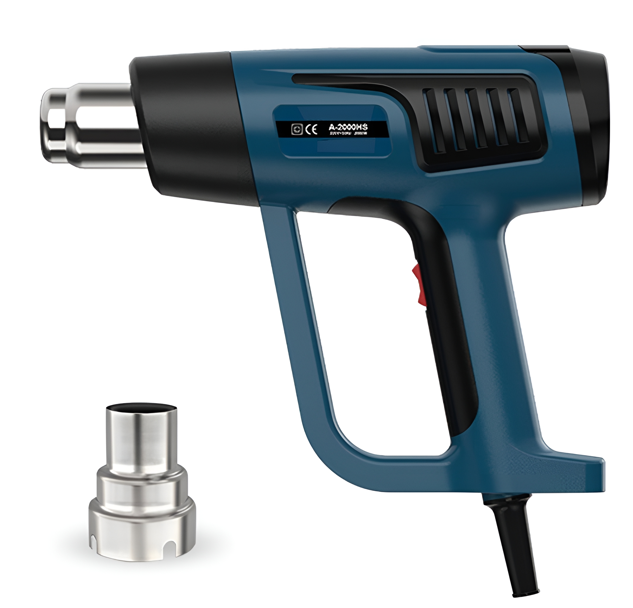 Blaue Heißluftpistole mit schwarzem Oberteil und silberner Düse, und eine abgetrennte silberne Düse.