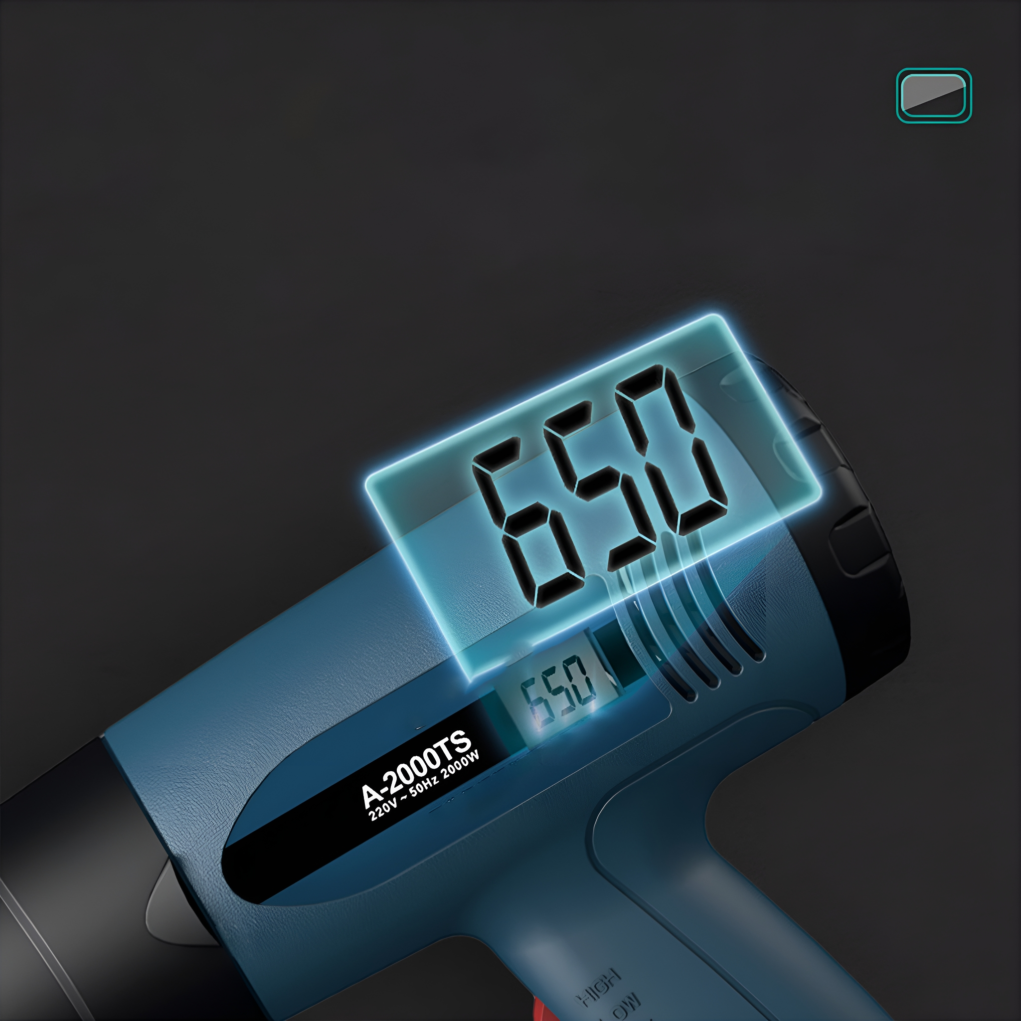 Eine blau-schwarze Heißluftpistole mit digitaler Anzeige, die die Zahl 650 anzeigt.