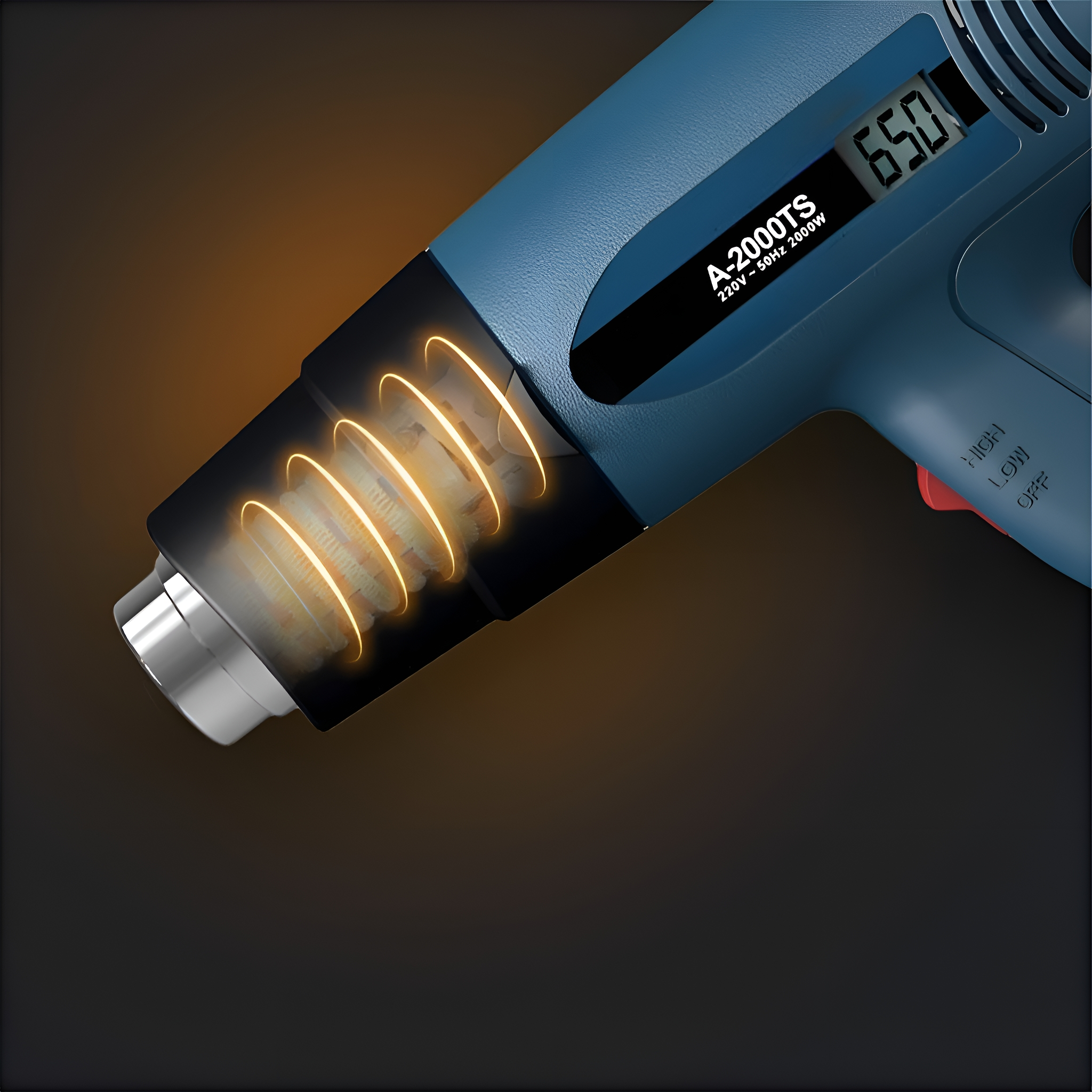 Eine blau-schwarze Heißluftpistole mit Digitalanzeige, die das glühende Heizelement zeigt.