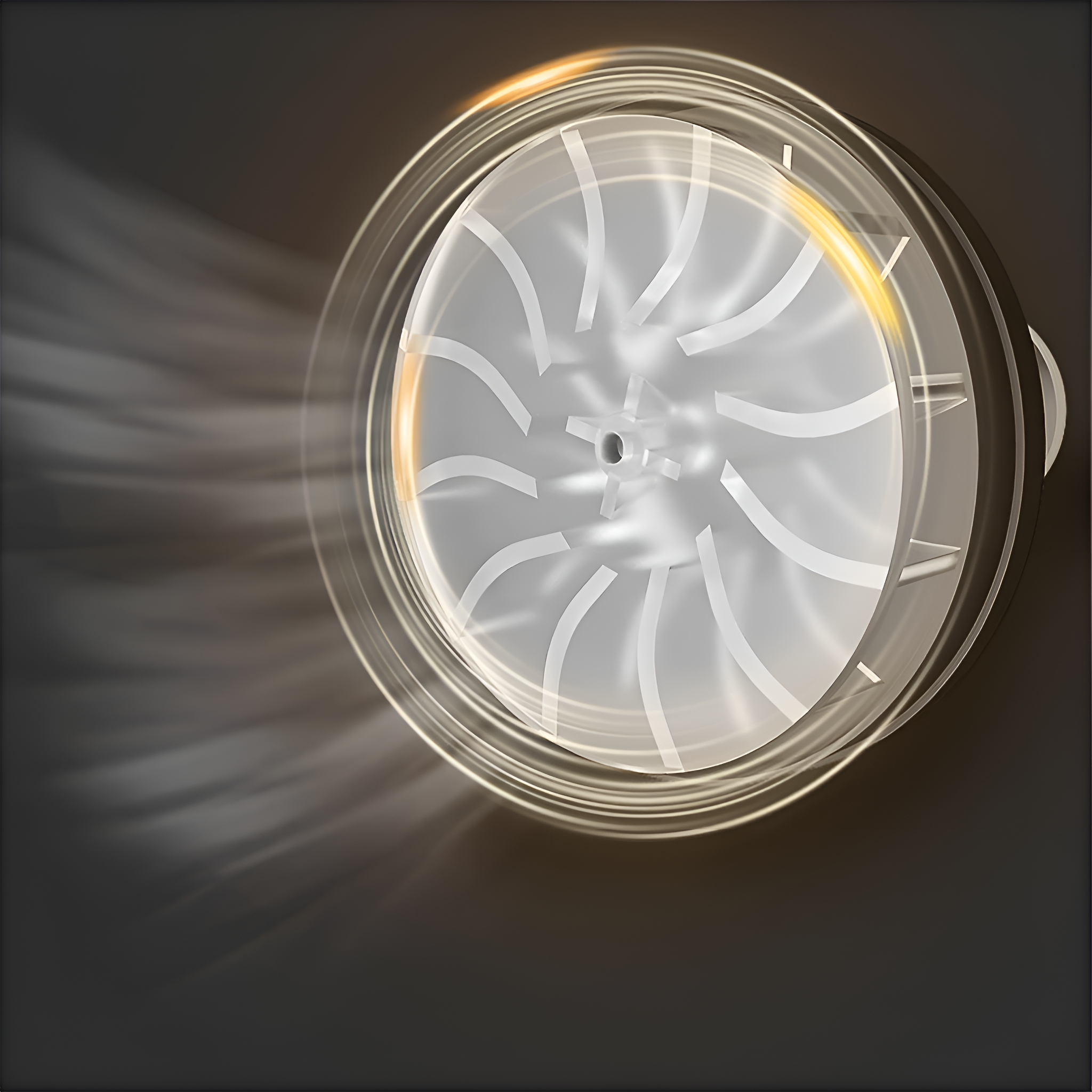 Nahaufnahme der sich drehenden Rotorblätter eines Lüfters mit Lichtstreifen. Dunkler Hintergrund.