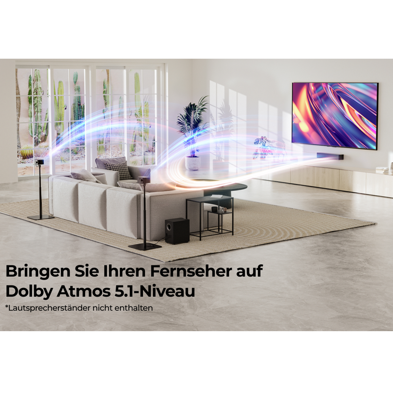 Wohnzimmer mit Fernseher, Soundsystem und Sofa. Lichtstrahlen gehen vom Fernsehbereich aus.