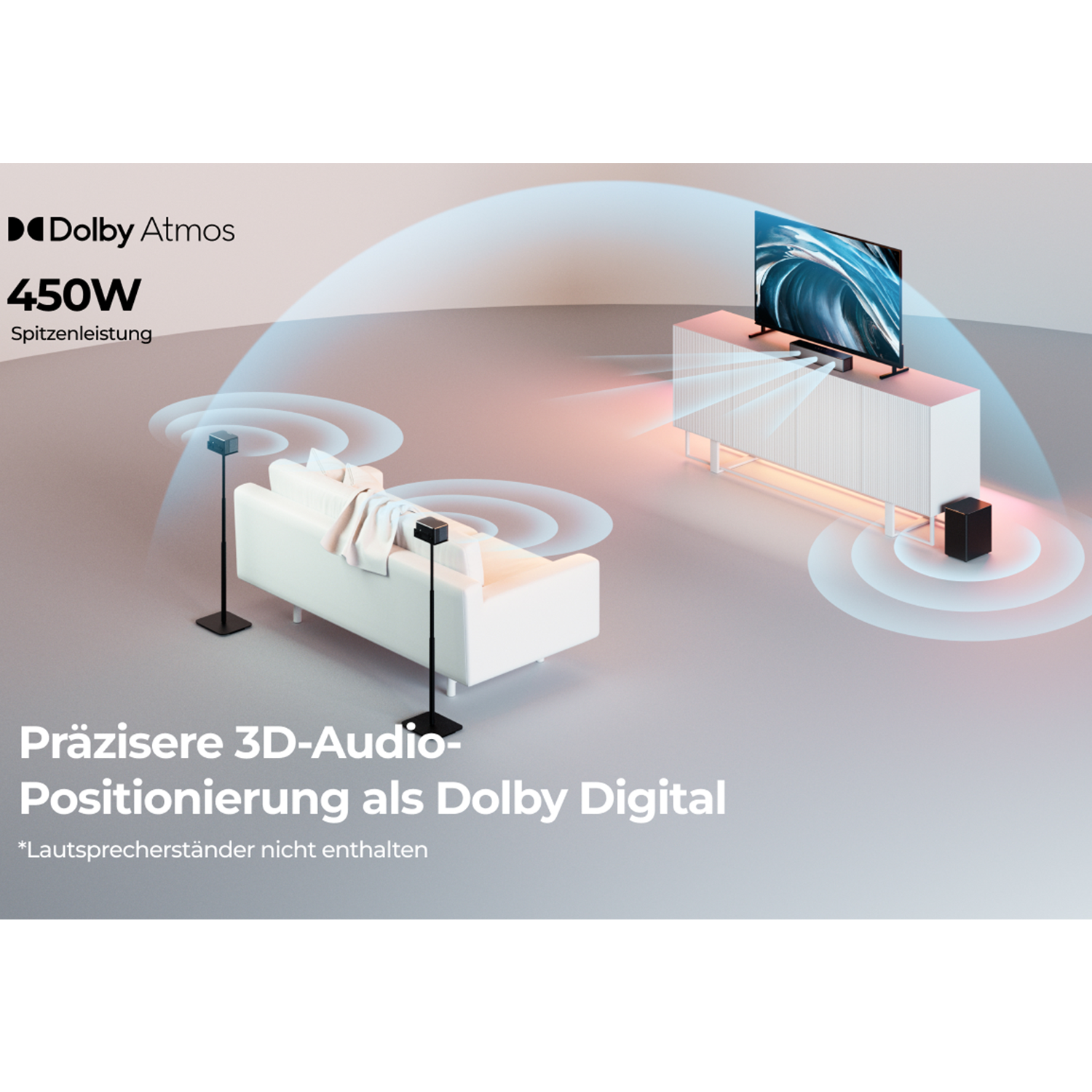 Wohnzimmer-Setup mit Fernseher, weißem Sofa und Lautsprechern. Text besagt Dolby Atmos und 3D-Audio.