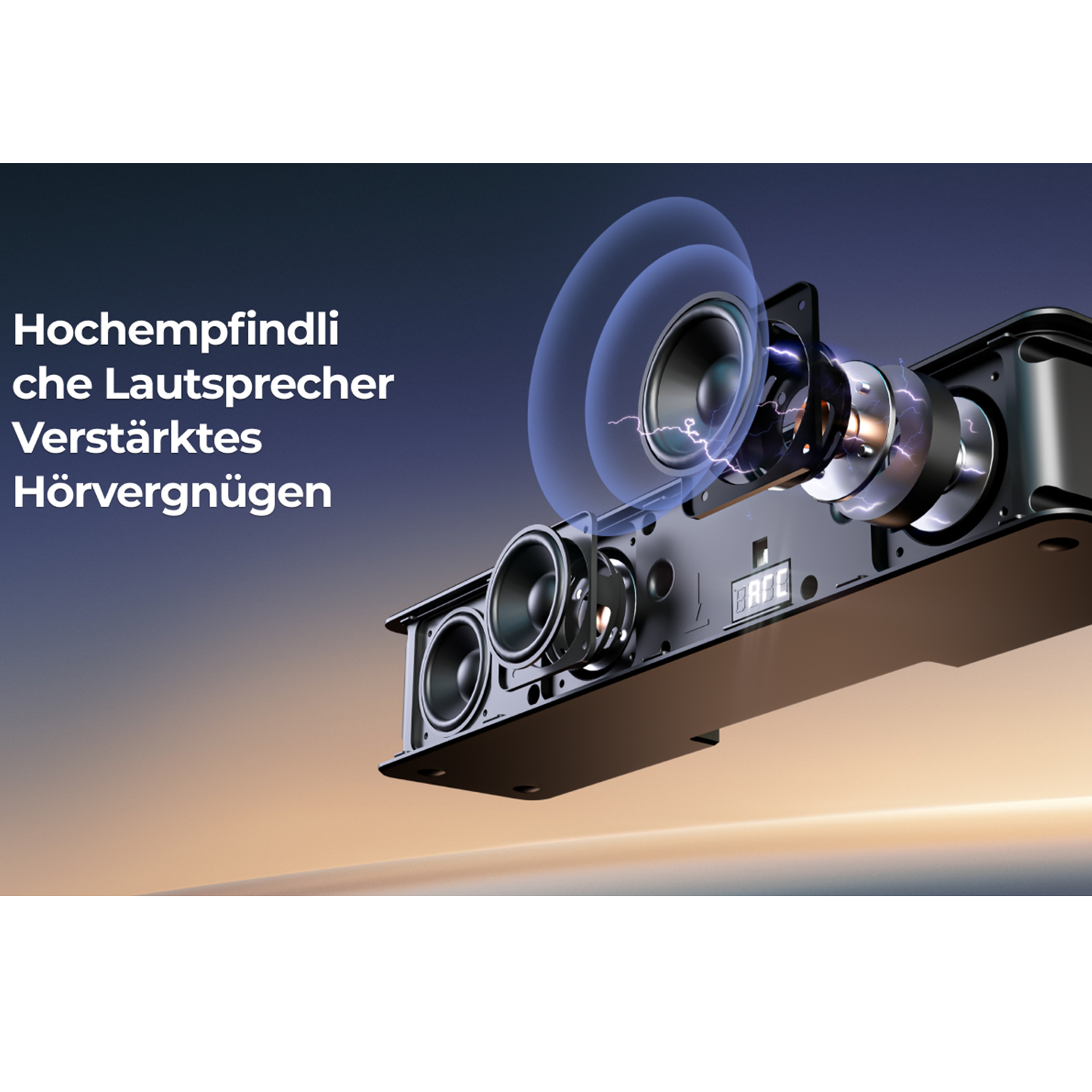 Lautsprecher-Innenraum mit elektrischen Funken. Es hat mehrere Lautsprecher und ein schwarzes Gehäuse.