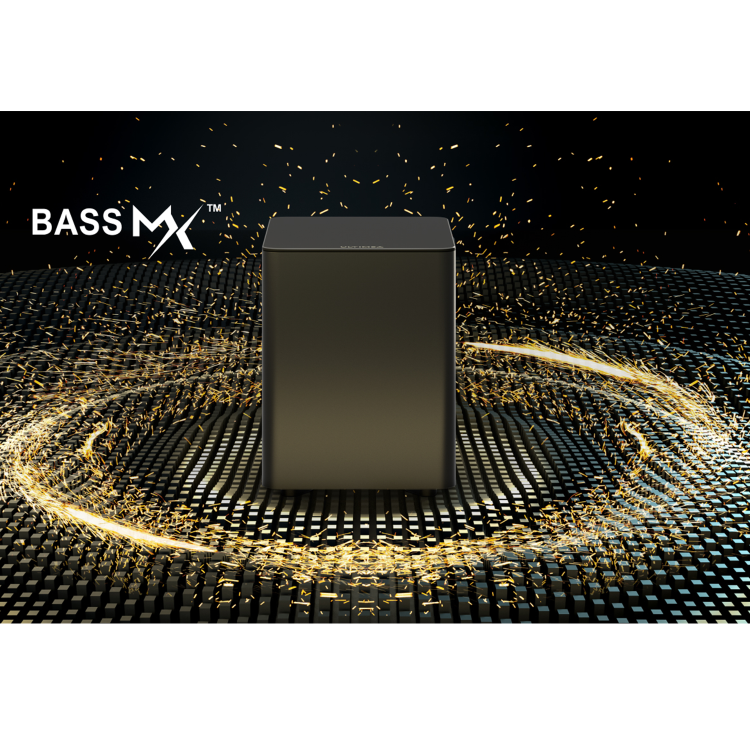Schwarzer Lautsprecher mit dem Bass MX-Logo. Goldene Funken um den Lautsprecher auf schwarzem Hintergrund.