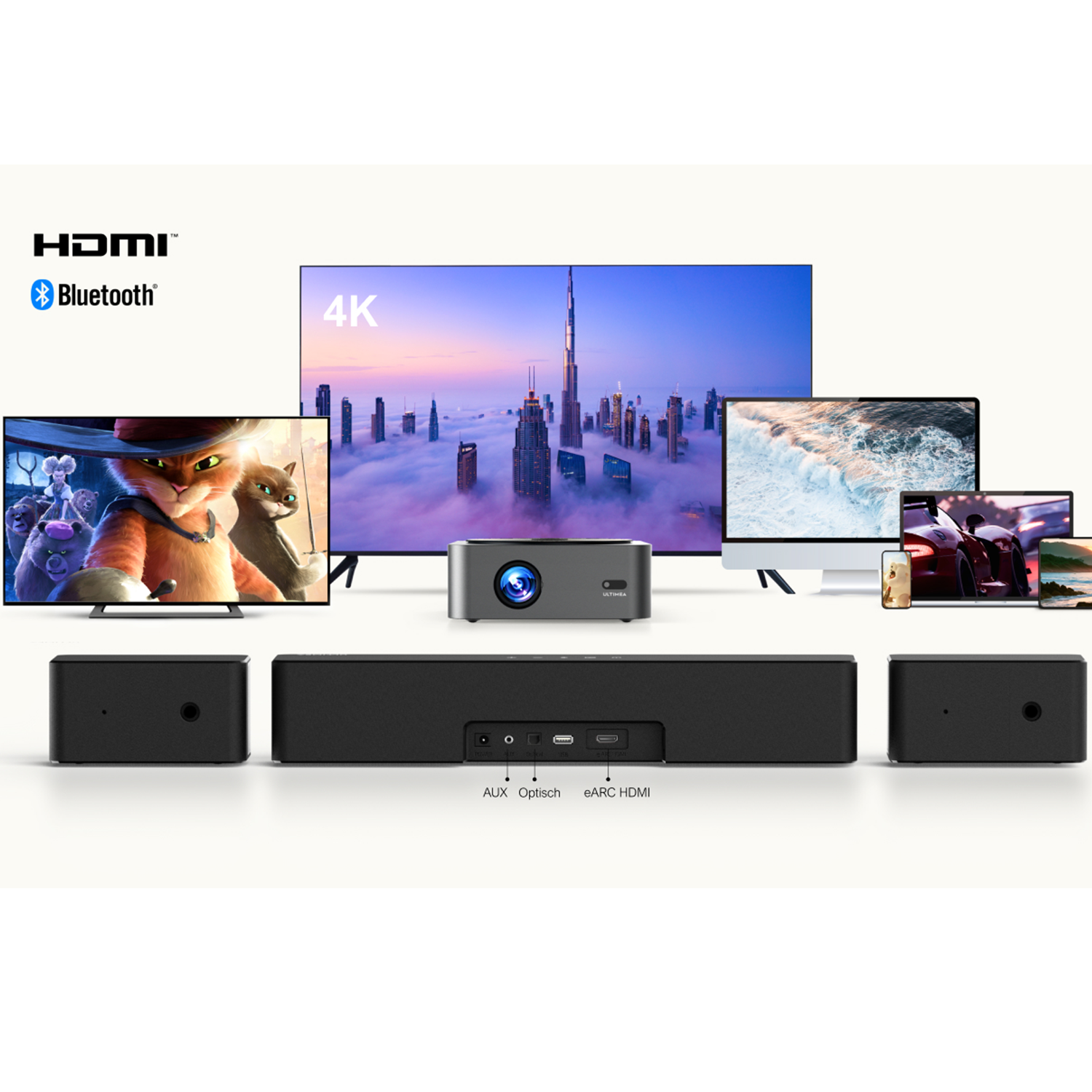 Ein Projektor- und Soundbar-Setup mit mehreren Bildschirmen, die Filme und eine Stadtlandschaft zeigen.