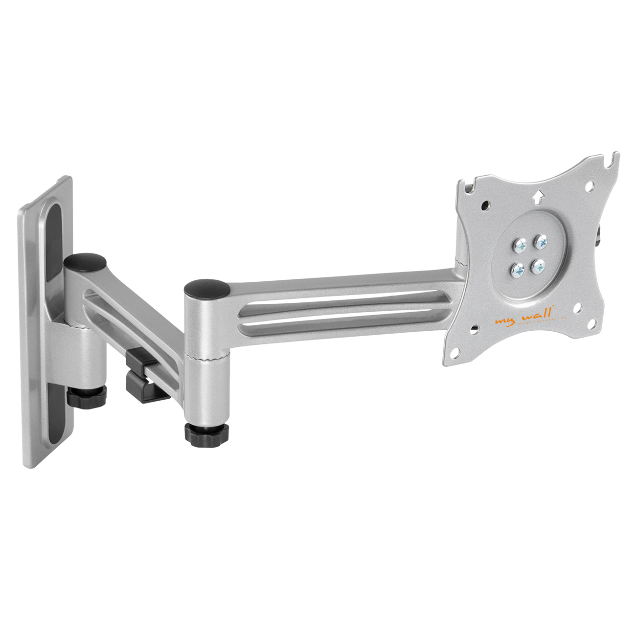 Silberne Monitorhalterung an der Wand. Gelenkarm. Sichtbare Teile: Wandplatte, Arm und Monitorplatte.
