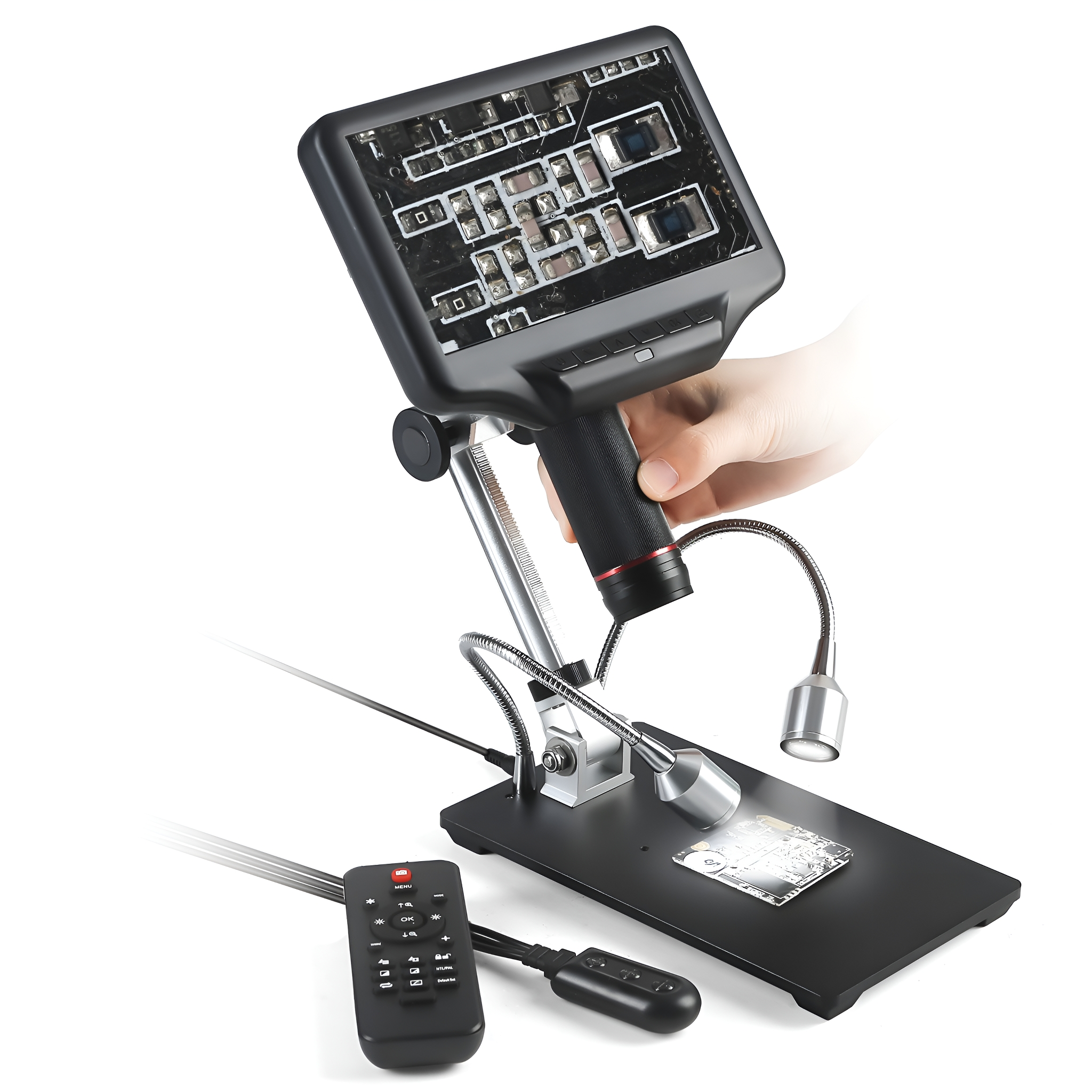 Digitales Mikroskop mit Hand und Fernbedienung.