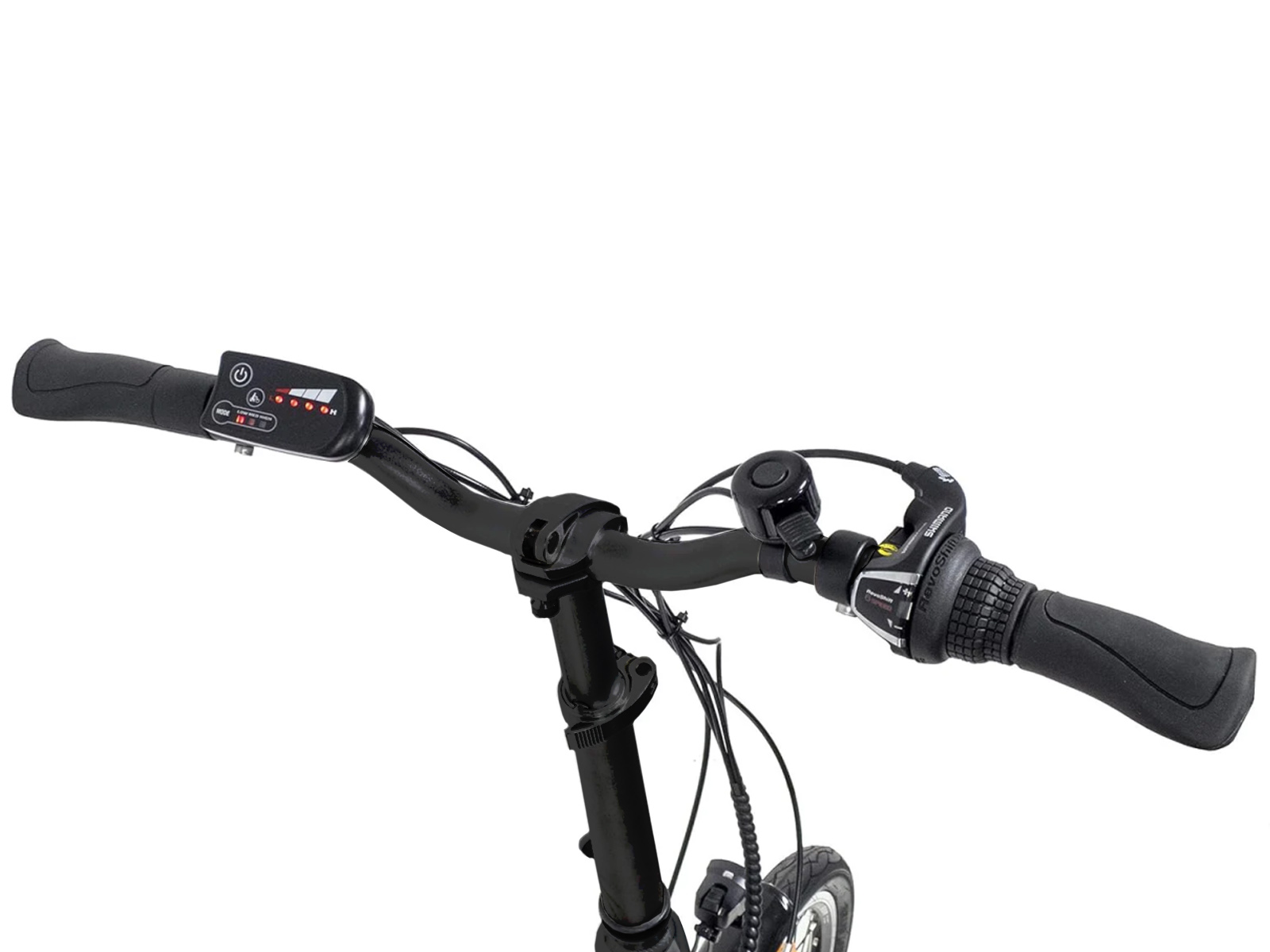 Nahaufnahme eines Elektrofahrradlenkers. Bedienelemente umfassen ein Display, Gashebel, Klingel und Bremshebel.