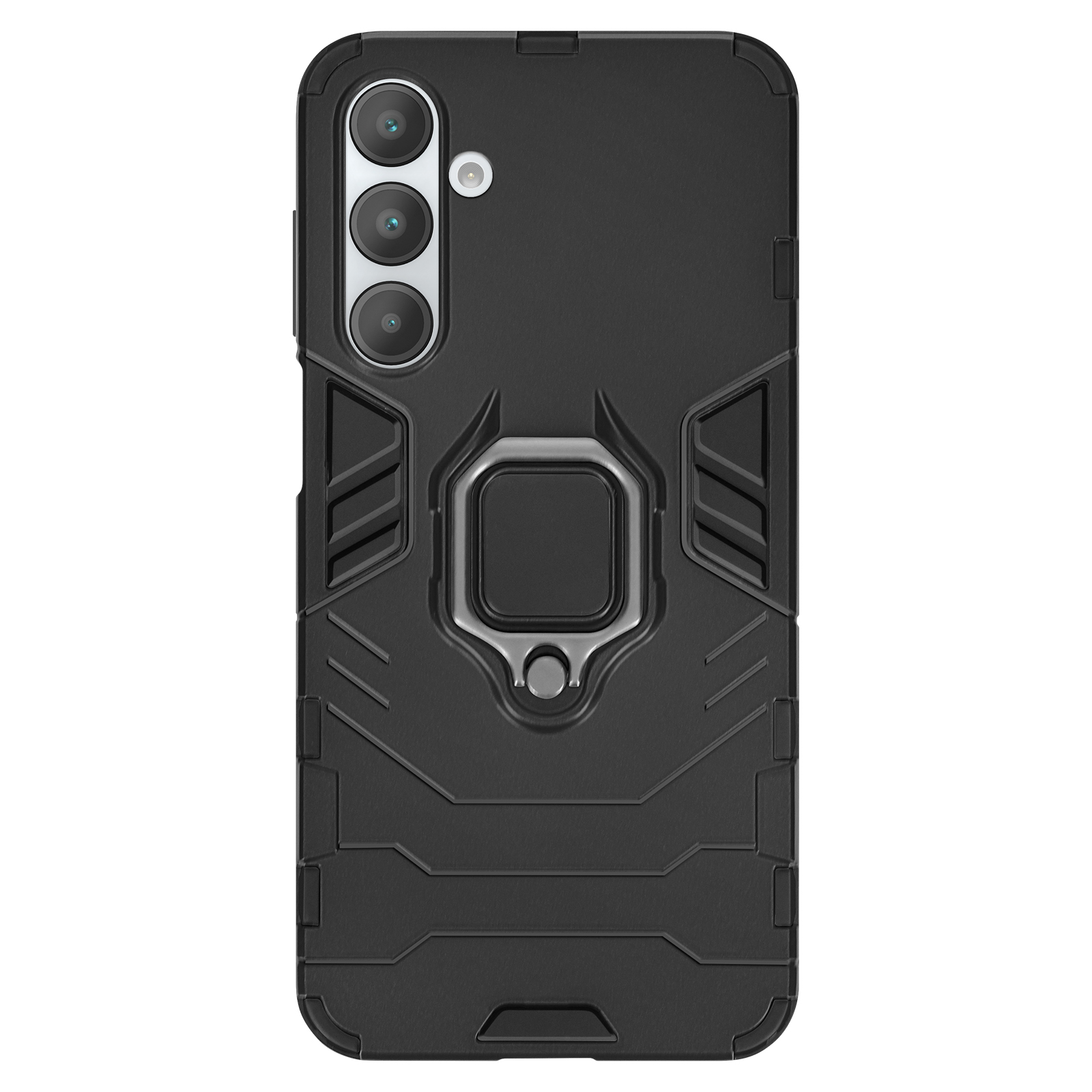 Custodia nera per telefono con tripla fotocamera e anello di supporto su sfondo bianco.