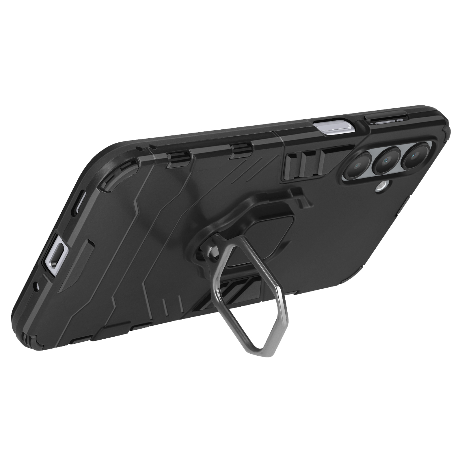 Custodia per telefono nera. Porta anello sul retro e un gruppo fotocamere. Sfondo nero.
