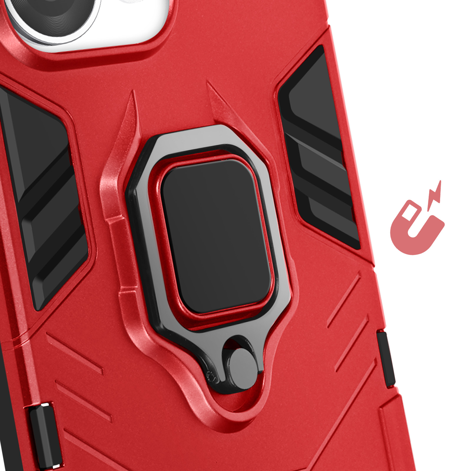 Custodia per telefono rossa con supporto ad anello nero. La custodia ha un design strutturato e un segno magnetico.