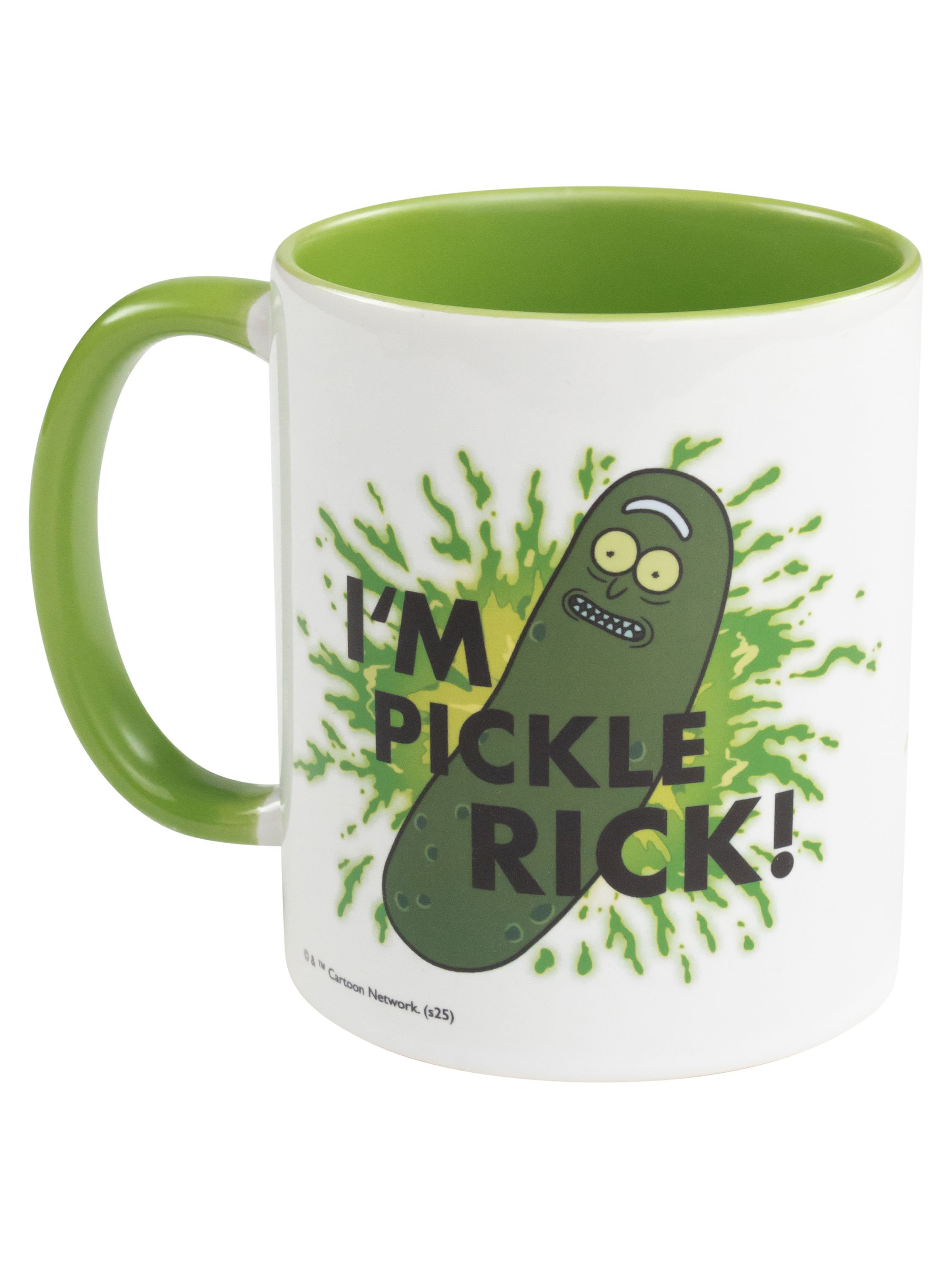 Eine weiße Tasse mit grünem Innenraum, mit 'Pickle Rick' von Rick and Morty.