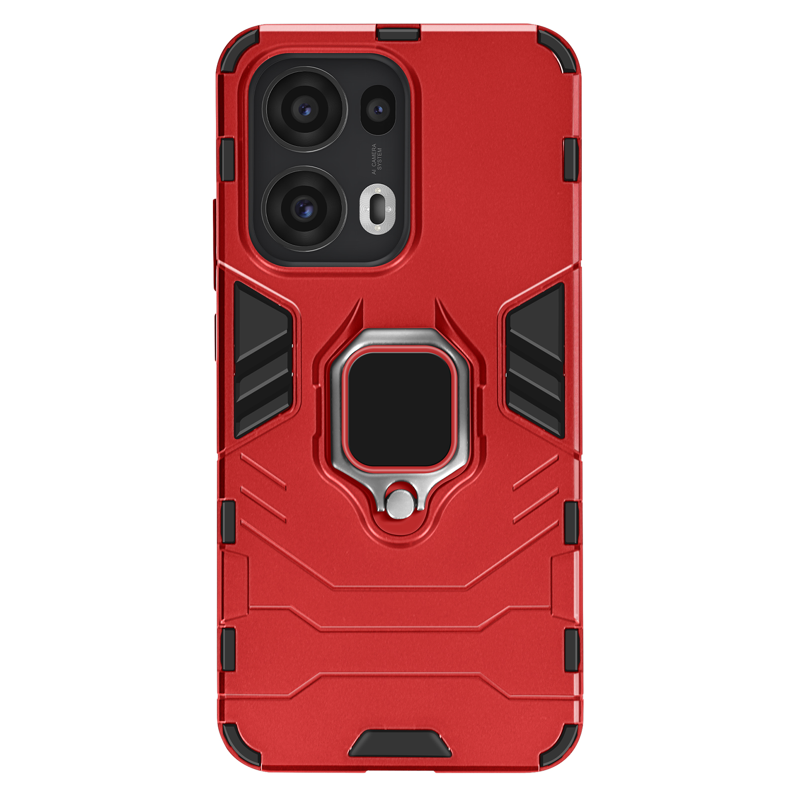 Custodia rossa per telefono con supporto ad anello. Ha doppie fotocamere e un design protettivo nero.