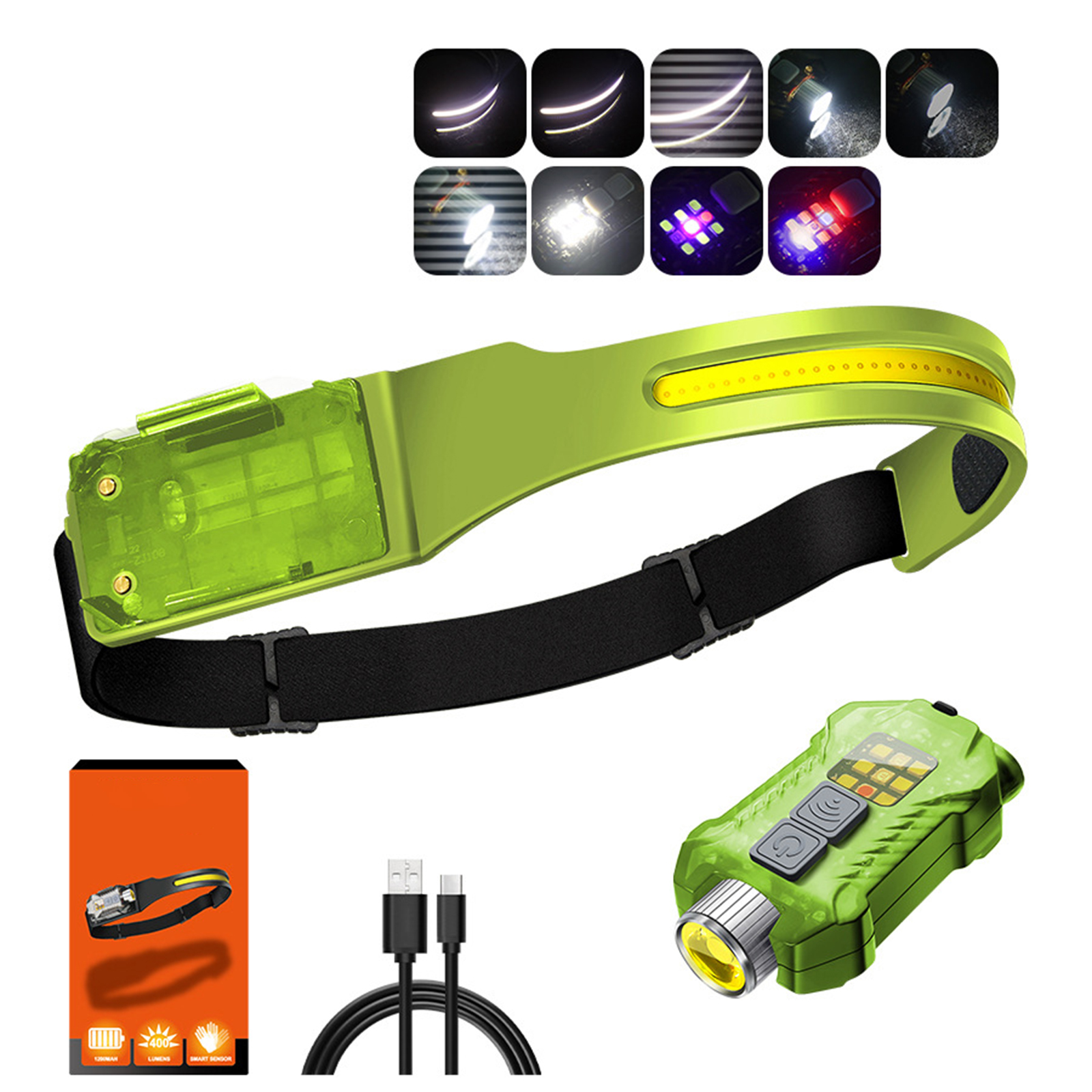 Grüne Stirnlampe mit schwarzem Riemen und USB-Kabel. Sie hat verschiedene Lichteinstellungen und eine Batteriestandsanzeige.