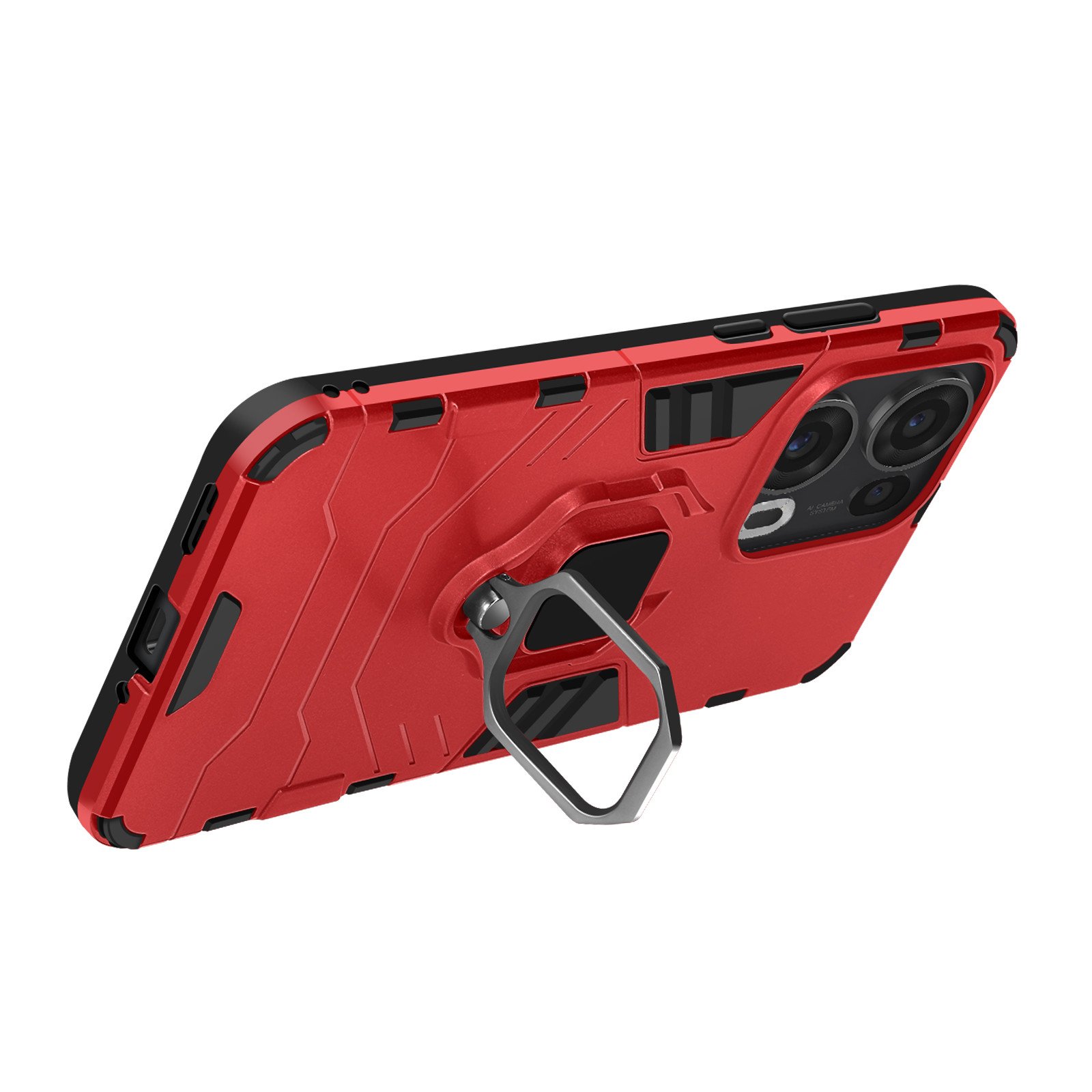 Custodia rossa per telefono con anello di supporto. È angolata, con la fotocamera visibile.