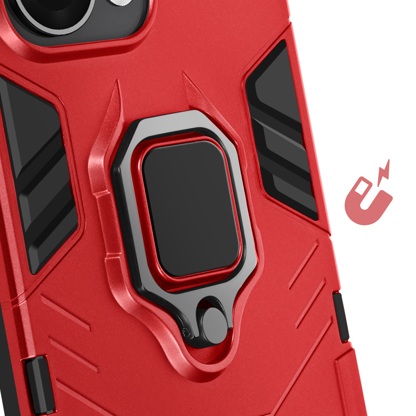 Primo piano di una custodia per telefono rossa con supporto ad anello nero e icona magnete rossa.
