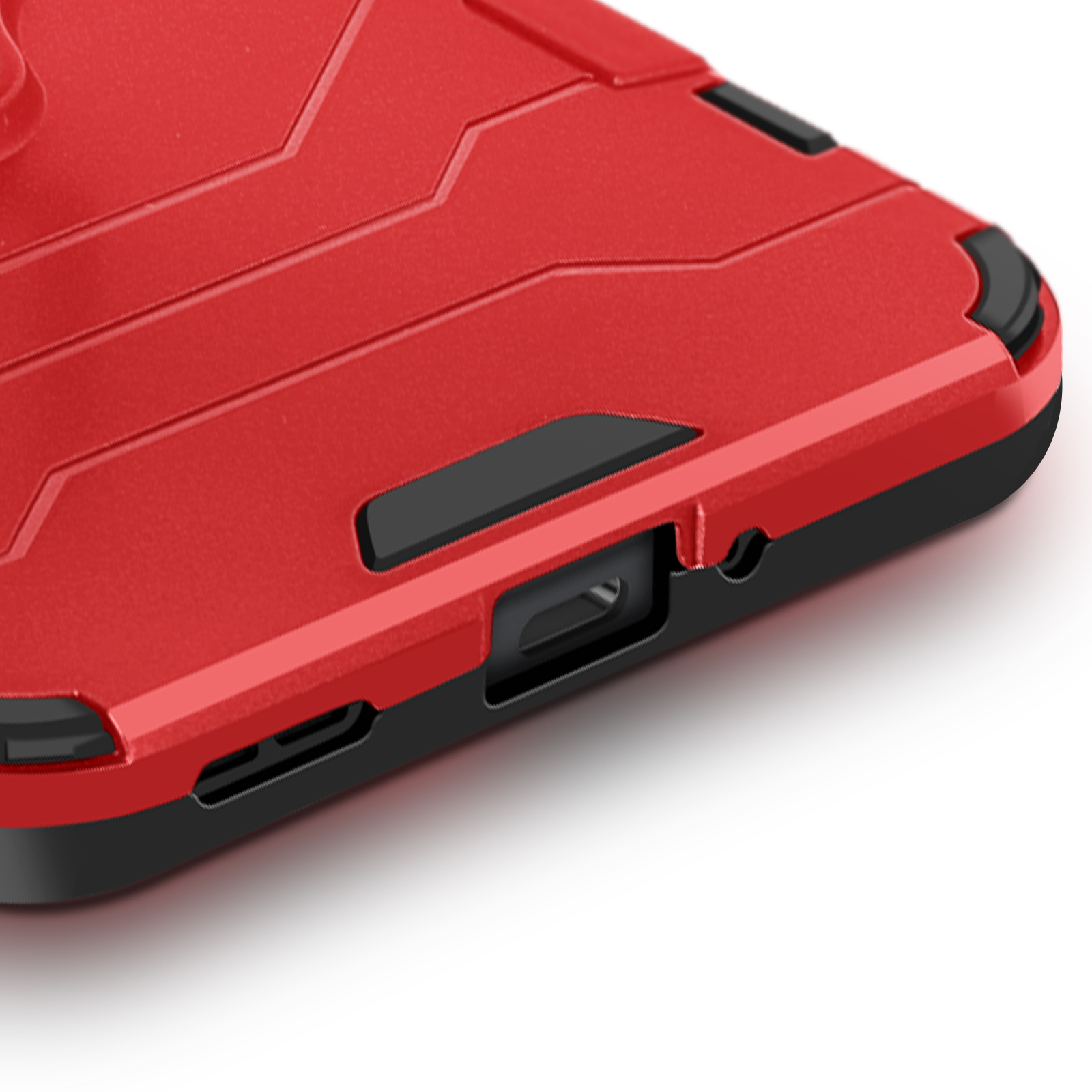 Primo piano di una custodia rossa per telefono con dettagli neri, che mostra le porte.