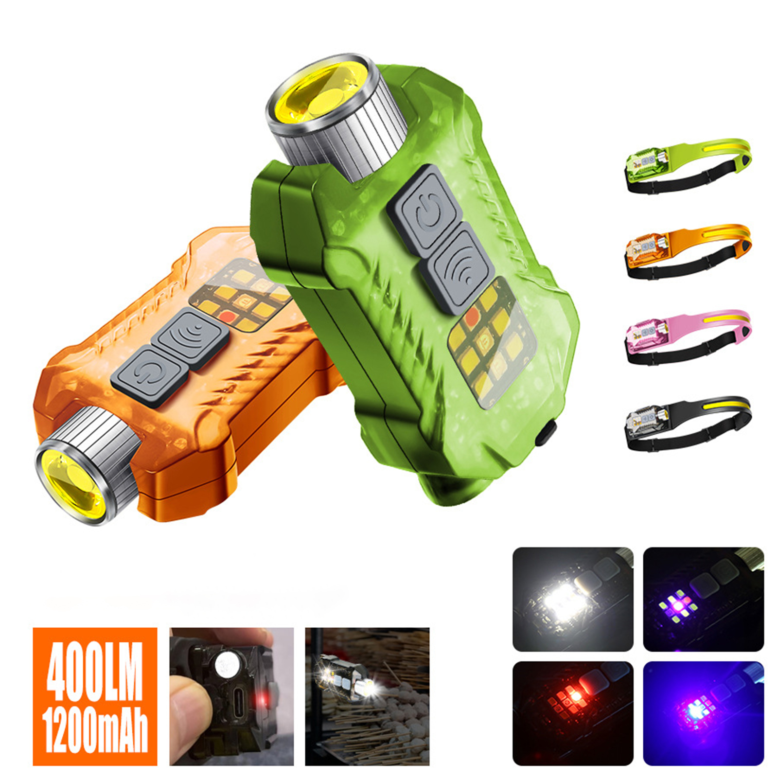 Stirnlampen in Orange und Grün, mit zusätzlichen kleinen Stirnlampen und Lichtstrahlbeispielen.