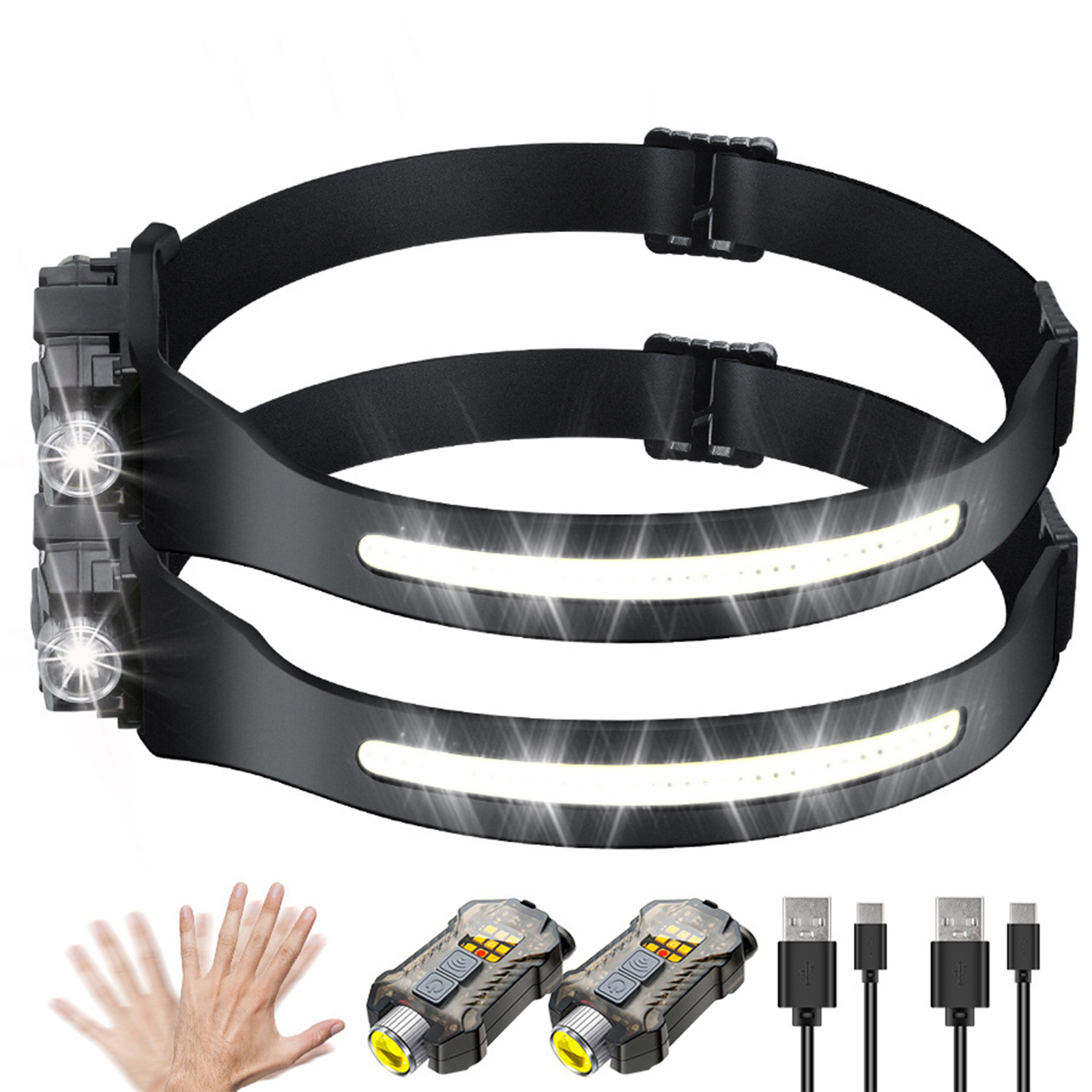 Zwei schwarze Scheinwerfer mit weißen Lichtern und einem Gestensensor. USB-Kabel und Ladeanschlüsse sind ebenfalls abgebildet.