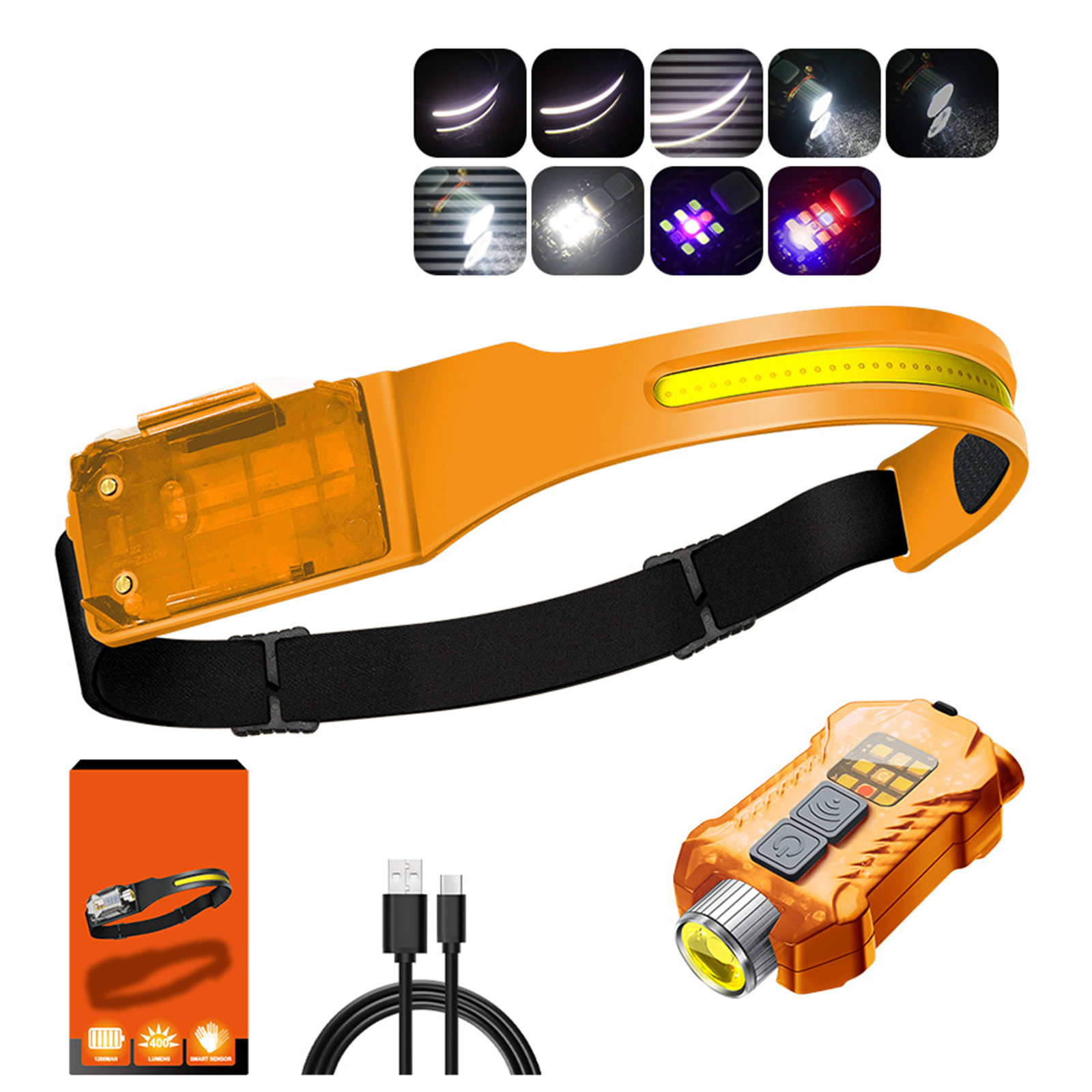 Eine orangefarbene Stirnlampe mit mehreren Lichteinstellungen und einer kleinen schwarzen Fernbedienung.
