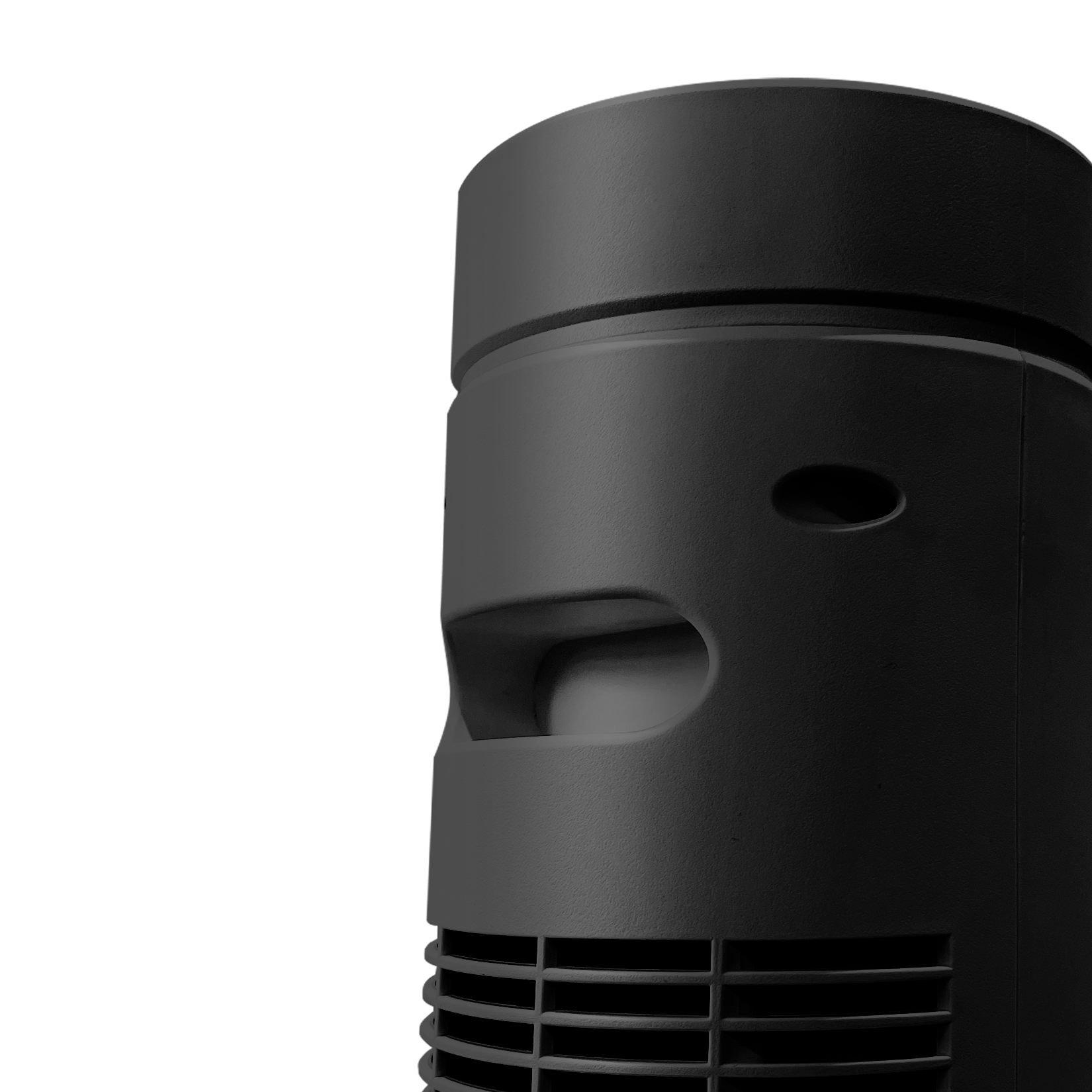 Schwarzer Turmventilator, mit Lüftungsschlitzen am Boden und einer abgerundeten Oberseite mit Öffnung.