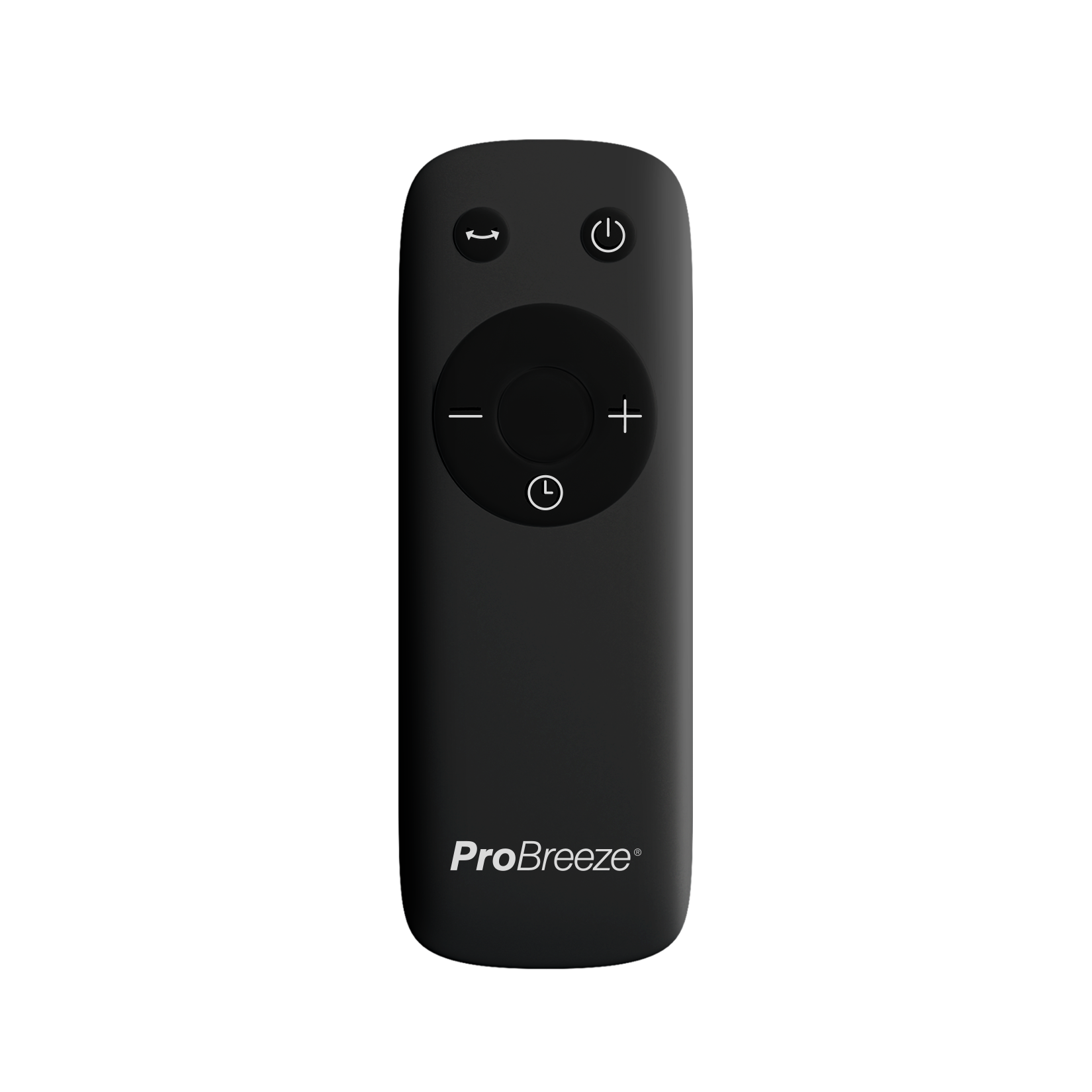 Schwarze ProBreeze-Fernbedienung mit Ein-/Aus- und Funktionstasten.