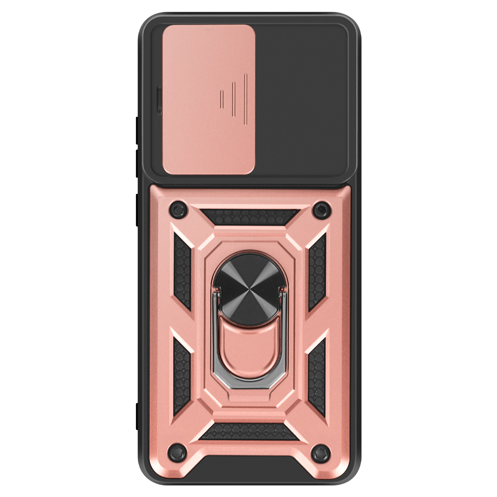 Custodia per telefono oro rosa con copertura scorrevole della fotocamera e supporto ad anello.