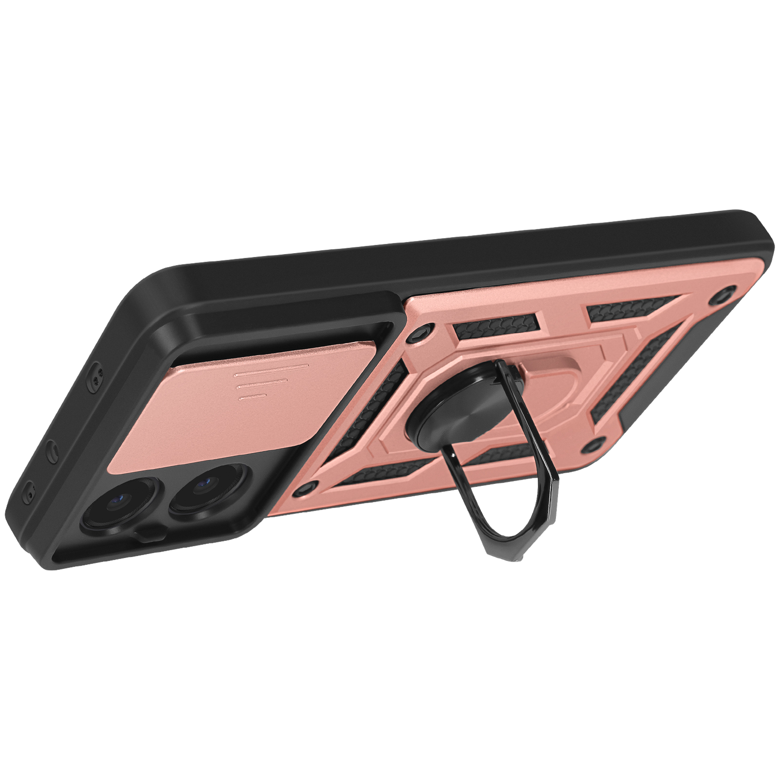 Custodia protettiva per telefono con supporto ad anello. Schema di colori rosa e nero. Ritaglio della fotocamera visibile.