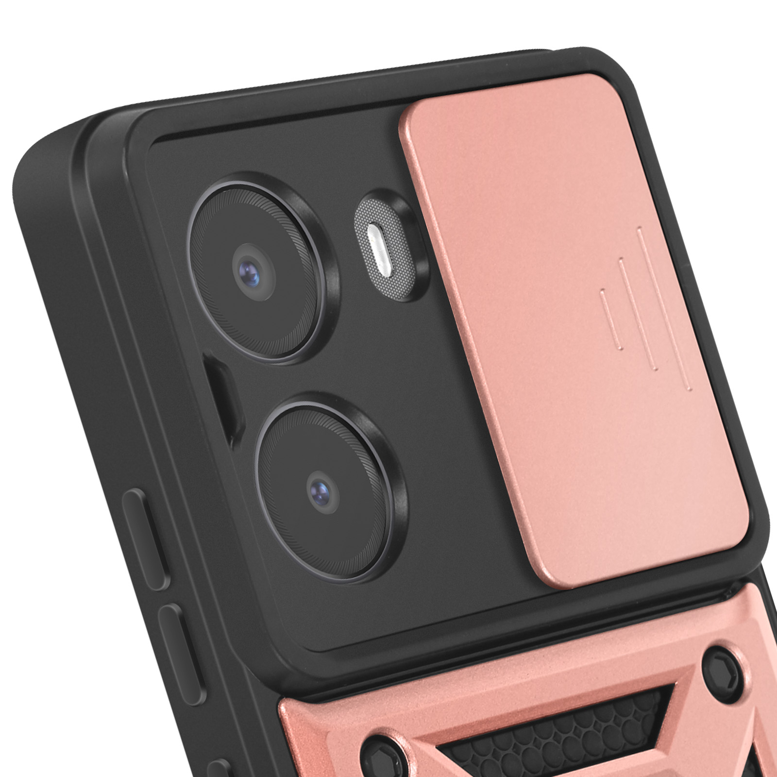 Primo piano di una custodia per telefono nera e oro rosa con doppie fotocamere e un coperchio scorrevole.
