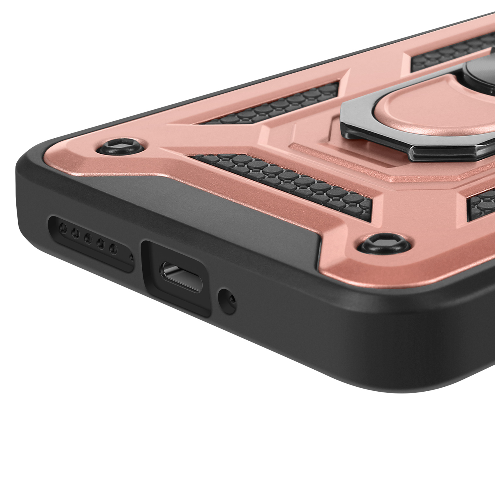 Un primo piano di una custodia per cellulare, color oro con accenti neri, con un anello di supporto.