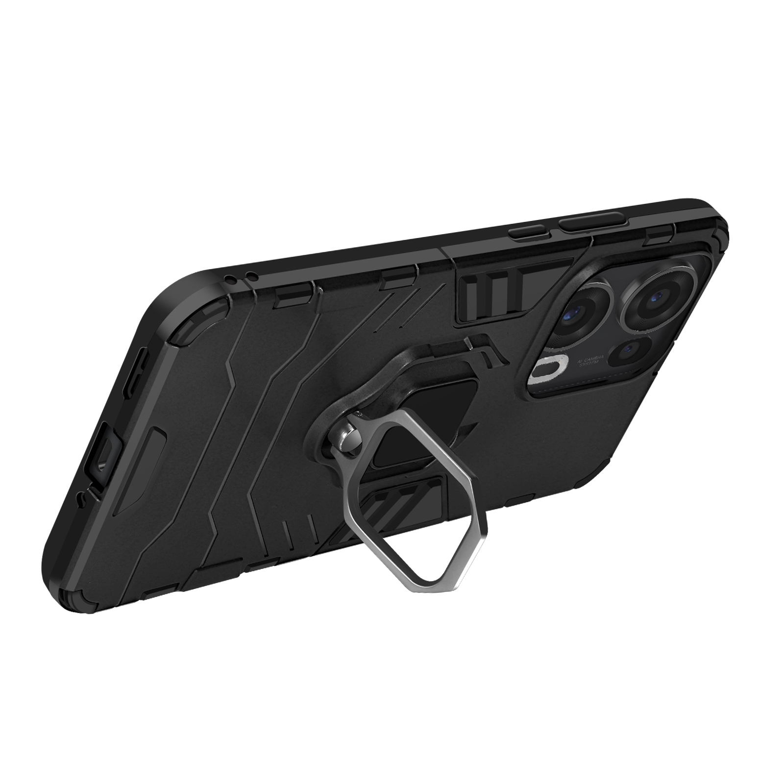 Eine schwarze Handyhülle mit einem Ringständer auf der Rückseite. Die Hülle hat ein strukturiertes Design.