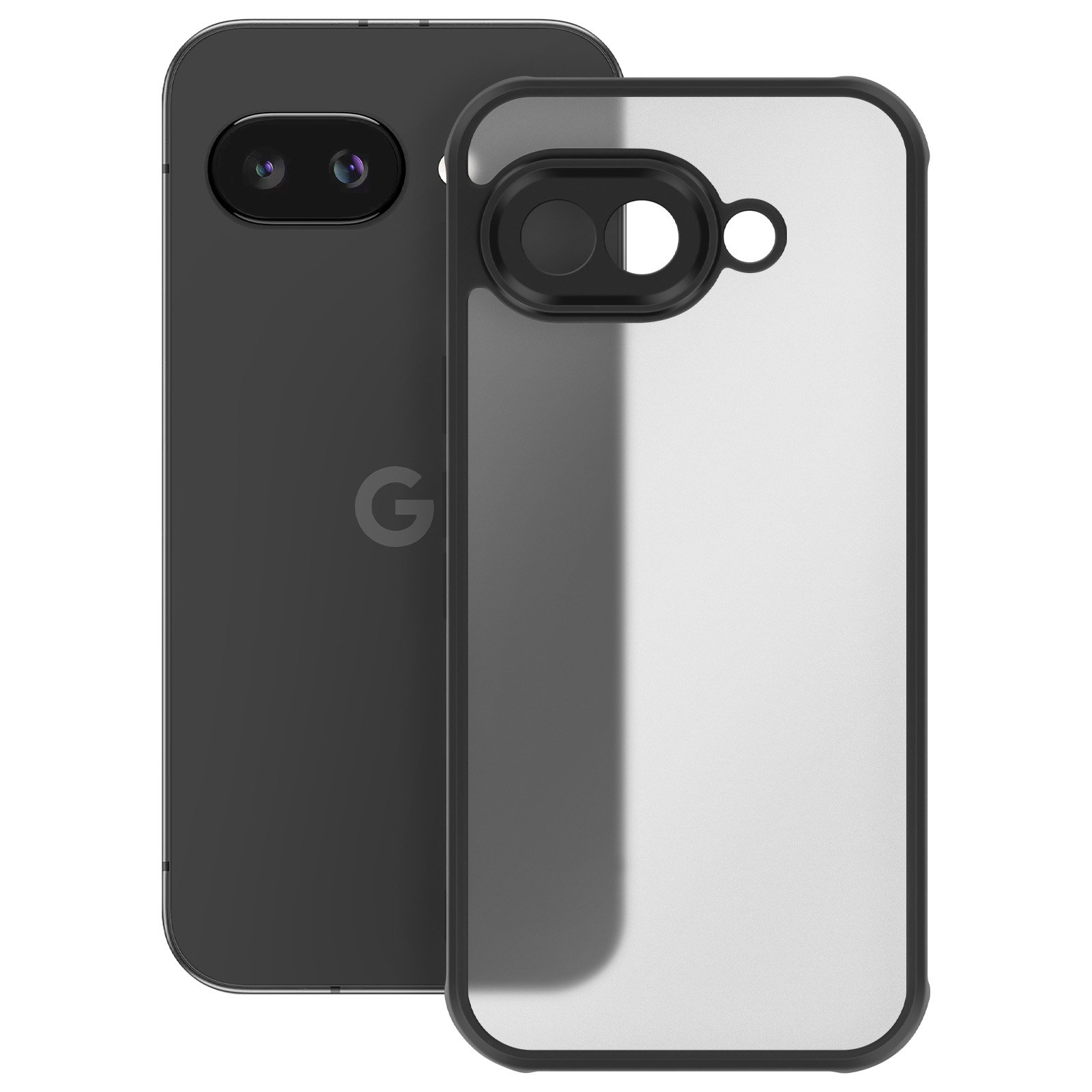 Telefono nero accanto a una custodia trasparente.