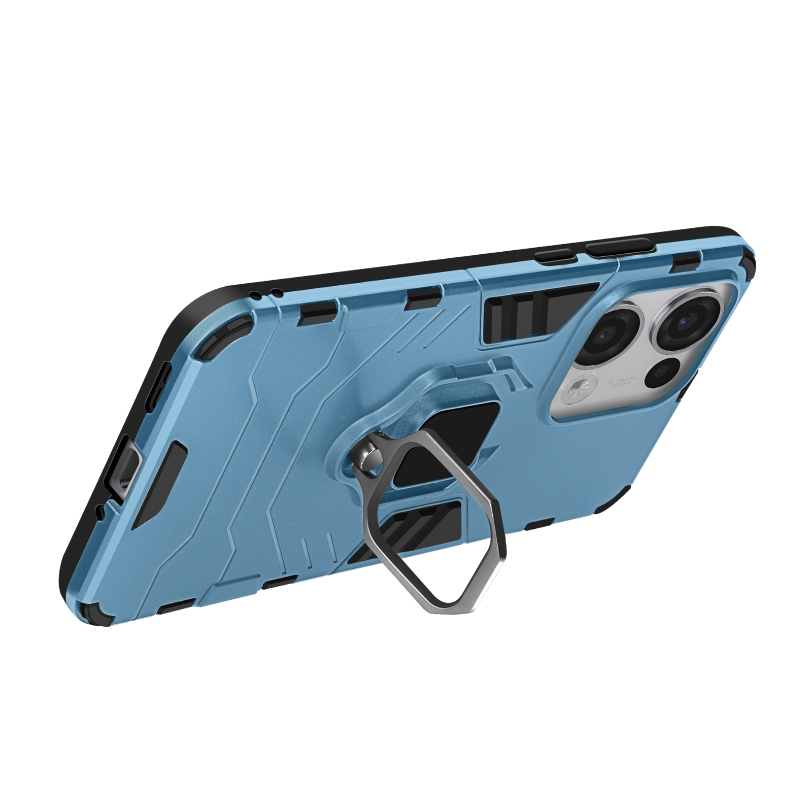 Custodia blu per telefono con supporto ad anello, su una superficie bianca.